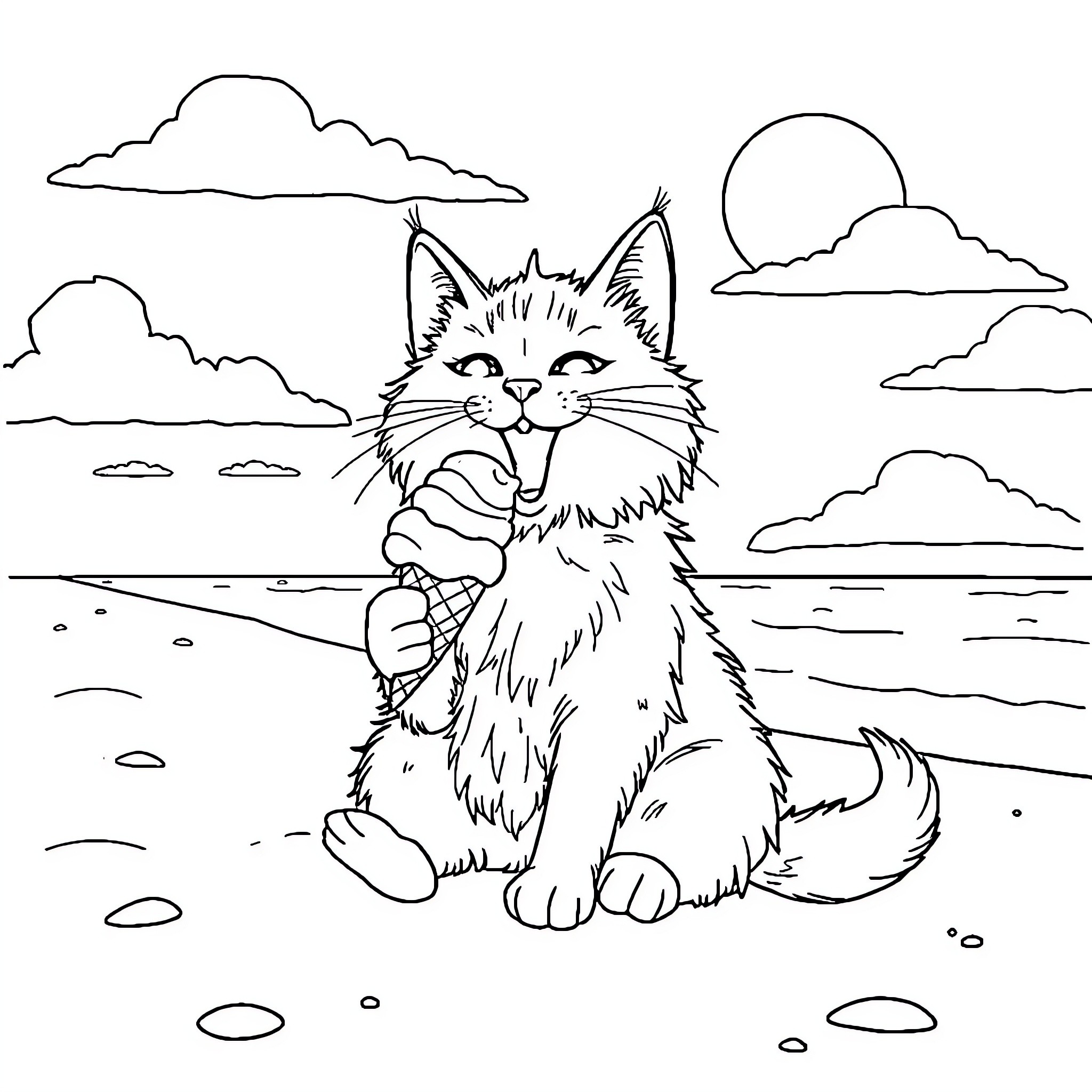 Cat enjoying the scenery in the outdoors Coloring Page (free black-and-white line drawing printable PDF for all, from beginners to advanced learners, including children, teens, adults, and seniors)