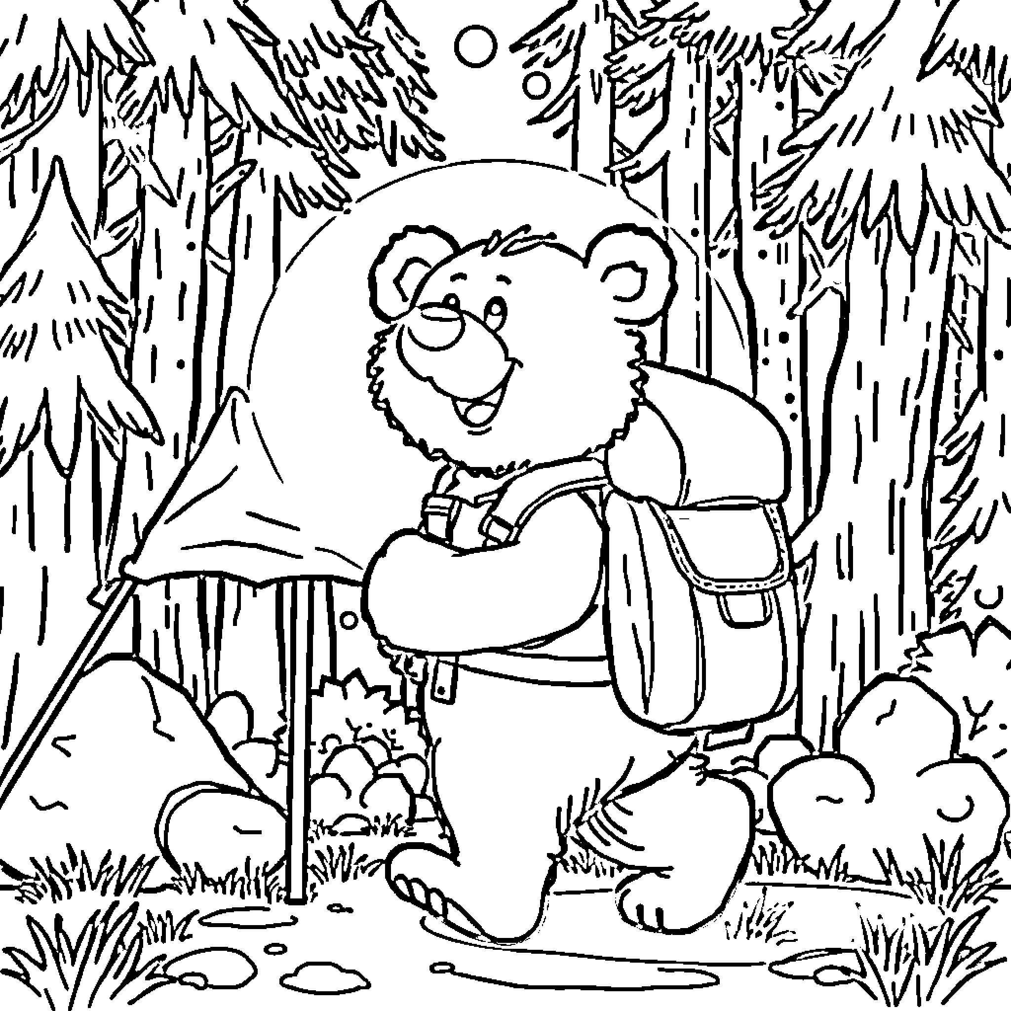 Bear hiking through the forest with a backpack Coloring Page (free black-and-white line drawing printable PDF for all, from beginners to advanced learners, including children, teens, adults, and seniors)