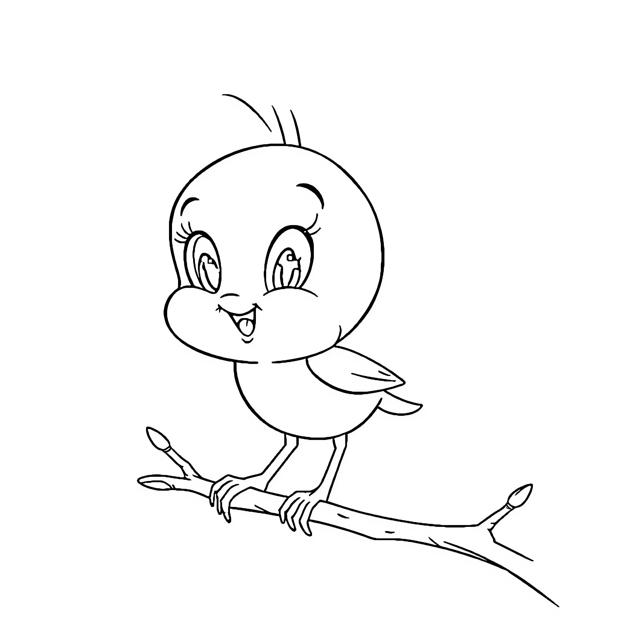 Tweety Bird perched on a branch Coloring Page (free black-and-white line drawing printable PDF for all, from beginners to advanced learners, including children, teens, adults, and seniors)