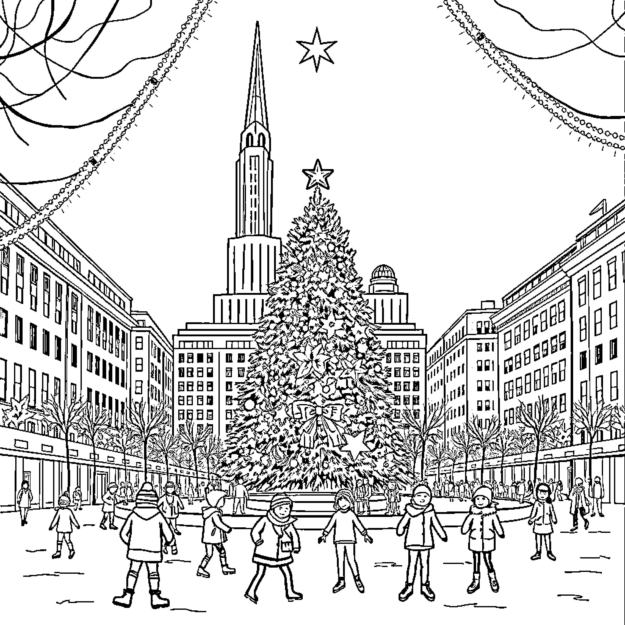 Christmas Celebrations in the City Coloring Page (free black-and-white line drawing printable PDF for all, from beginners to advanced learners, including children, teens, adults, and seniors)
