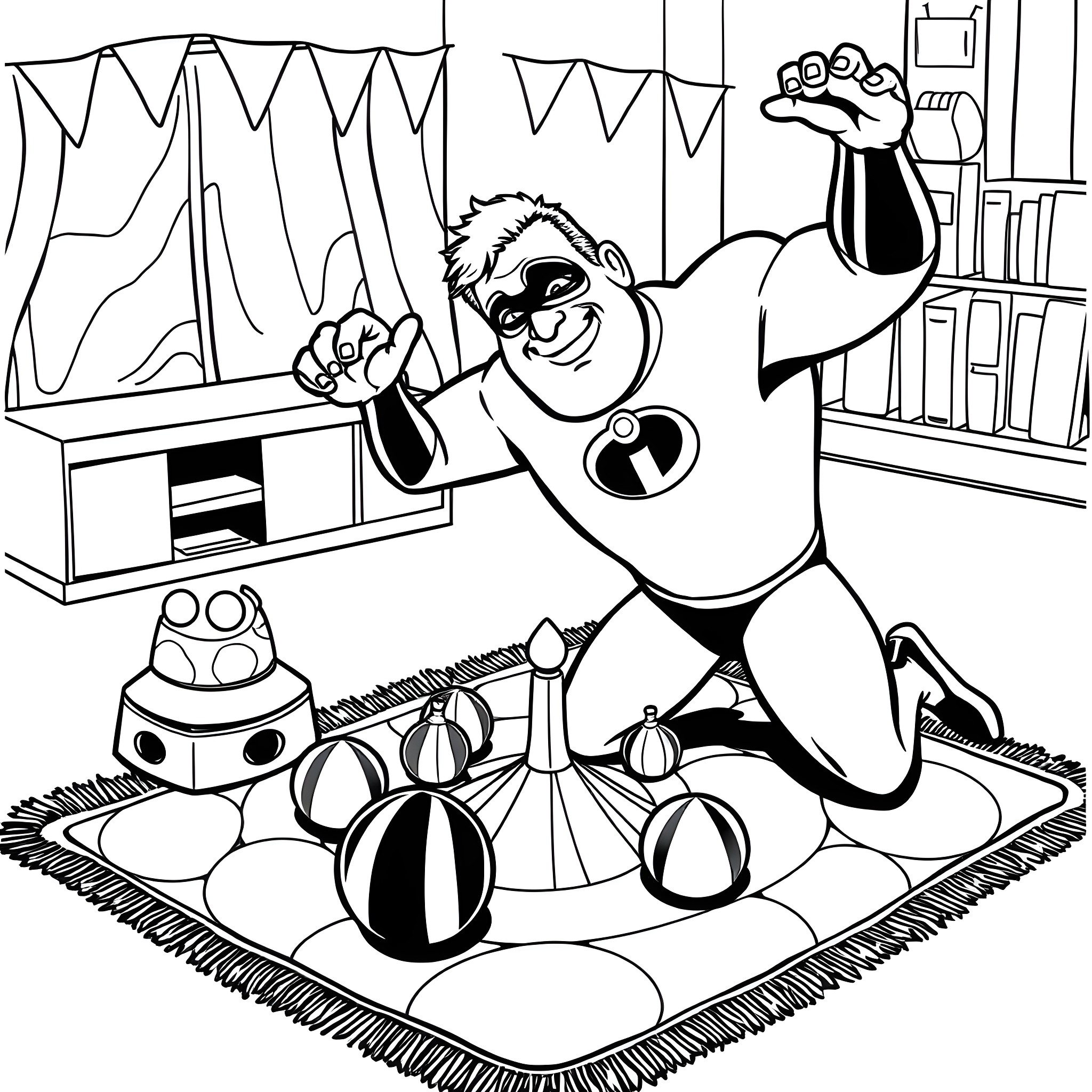 Mr Incredible playing with superhero toys Coloring Page (free black-and-white line drawing printable PDF for all, from beginners to advanced learners, including children, teens, adults, and seniors)