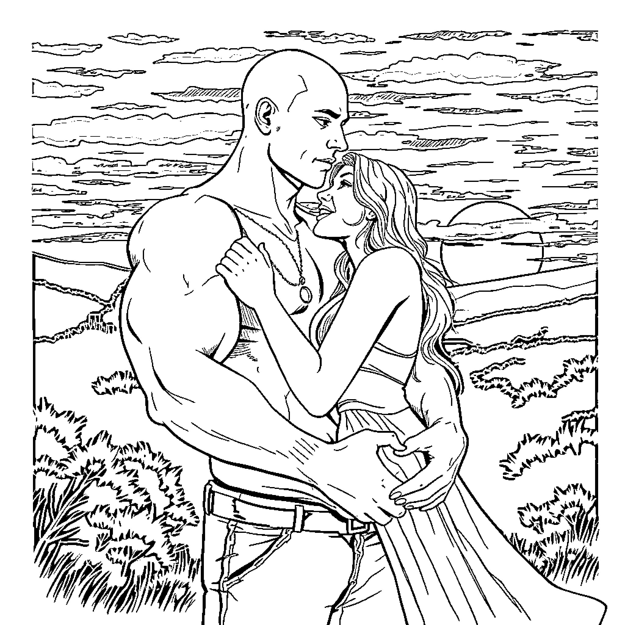Man intimately embracing woman in scenic landscape Coloring Page (free black-and-white line drawing printable PDF for all, from beginners to advanced learners, including children, teens, adults, and seniors)