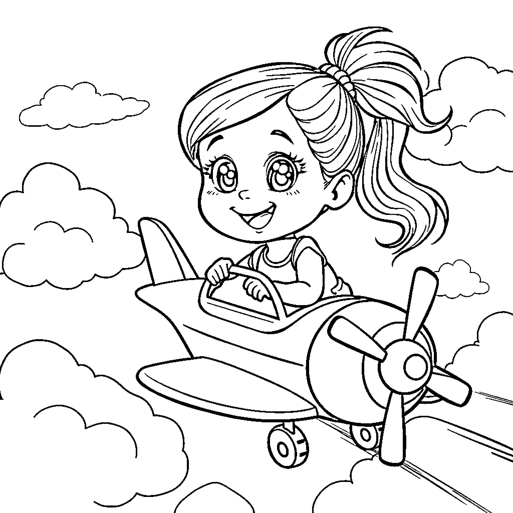 Girl flying happily in a small airplane Coloring Page (free black-and-white line drawing printable PDF for all, from beginners to advanced learners, including children, teens, adults, and seniors)