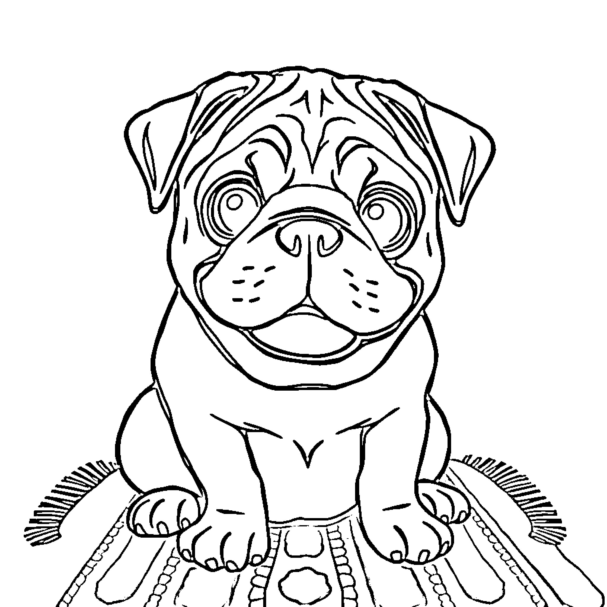 Pug Pup Wearing Patterned Outfit Coloring Page (free black-and-white line drawing printable PDF for all, from beginners to advanced learners, including children, teens, adults, and seniors)