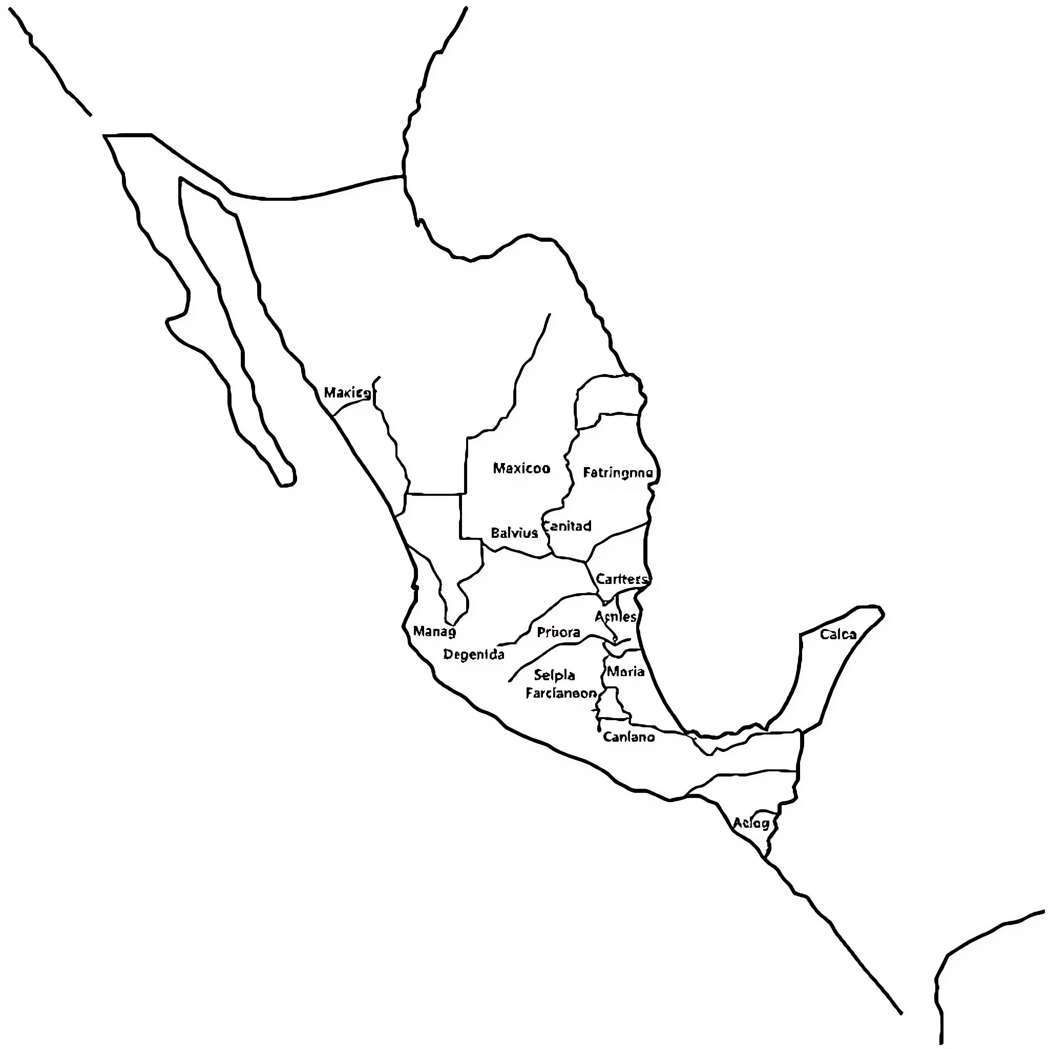 Map of geographic regions in Mexico Coloring Page (free black-and-white line drawing printable PDF for all, from beginners to advanced learners, including children, teens, adults, and seniors)