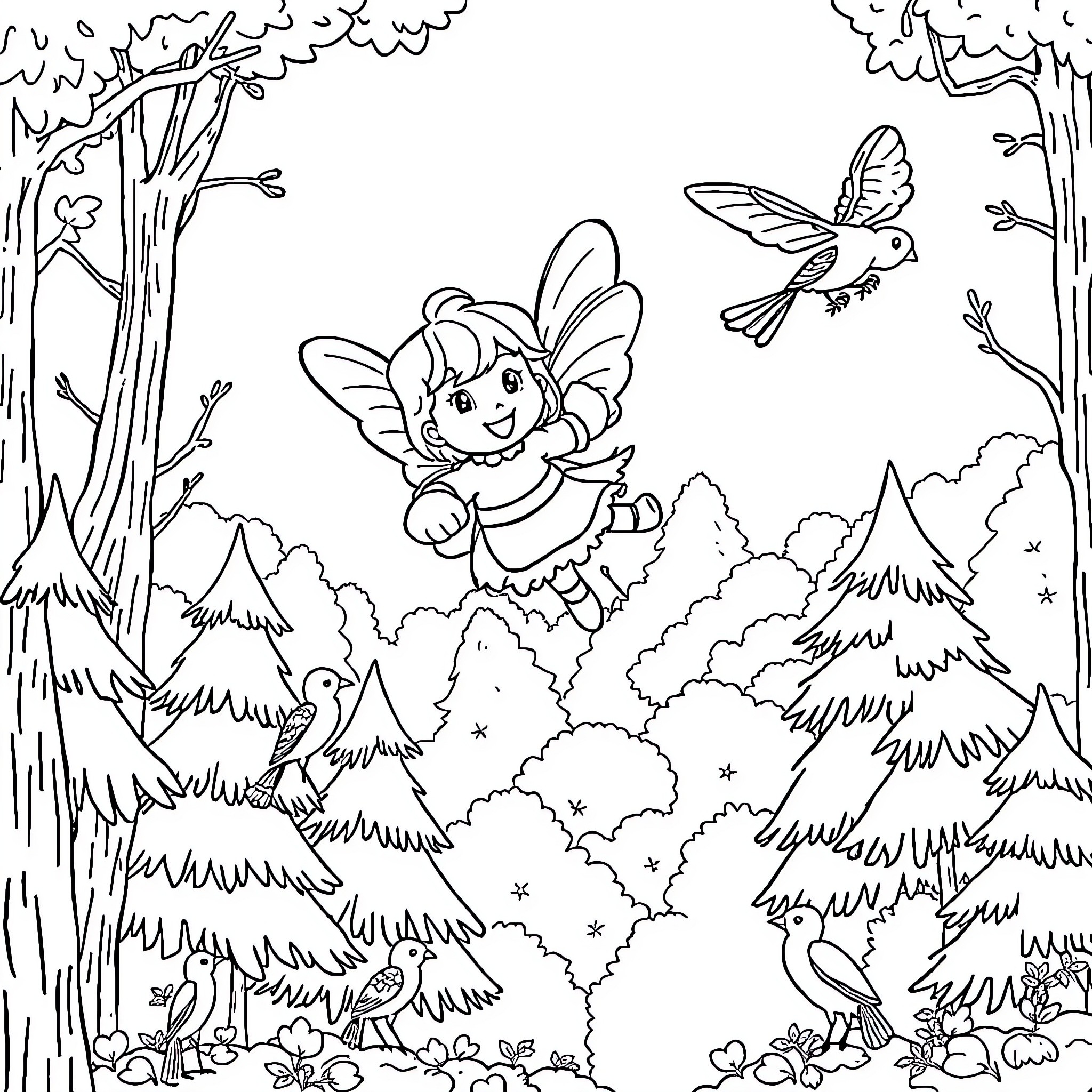 Bibi Blocksberg exploring the enchanted forest Coloring Page (free black-and-white line drawing printable PDF for all, from beginners to advanced learners, including children, teens, adults, and seniors)