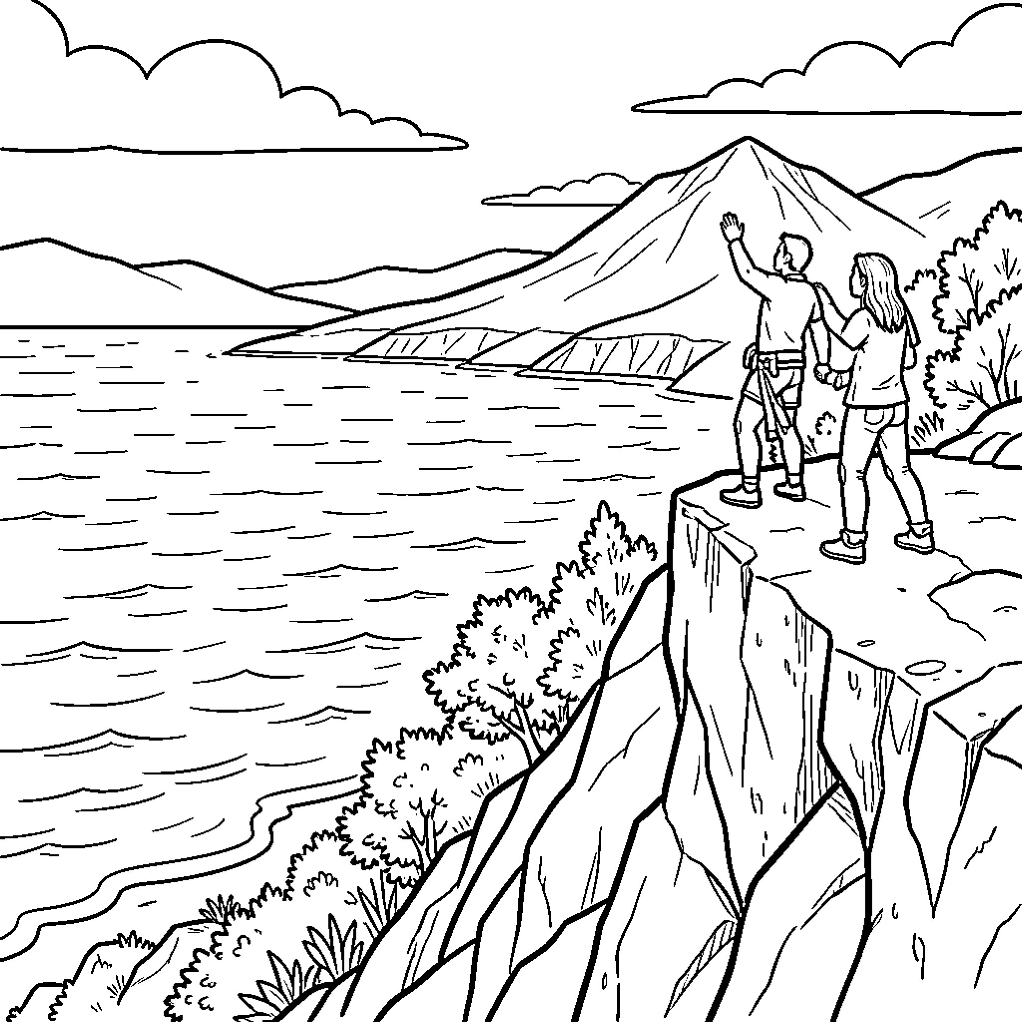 Mount Coolum view with people waving from a cliff Coloring Page (free black-and-white line drawing printable PDF for all, from beginners to advanced learners, including children, teens, adults, and seniors)