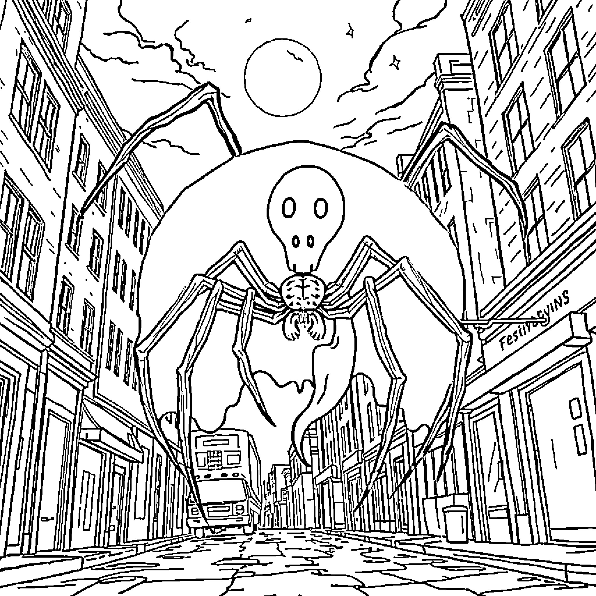 Ghost Spider stalks the city streets at night Coloring Page (free black-and-white line drawing printable PDF for all, from beginners to advanced learners, including children, teens, adults, and seniors)