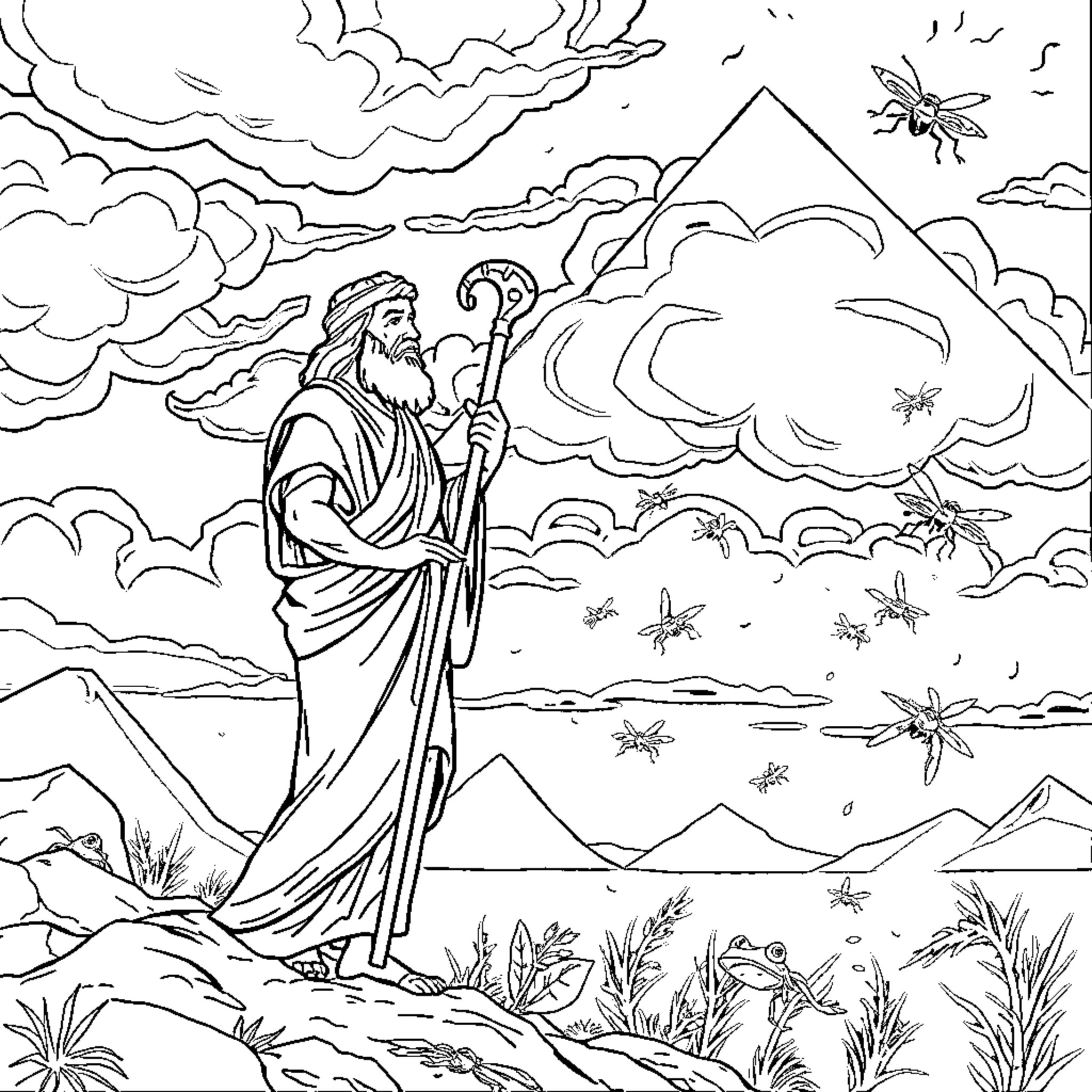 Moses Confronting Plagues of Egypt with Staff Coloring Page (free black-and-white line drawing printable PDF for all, from beginners to advanced learners, including children, teens, adults, and seniors)