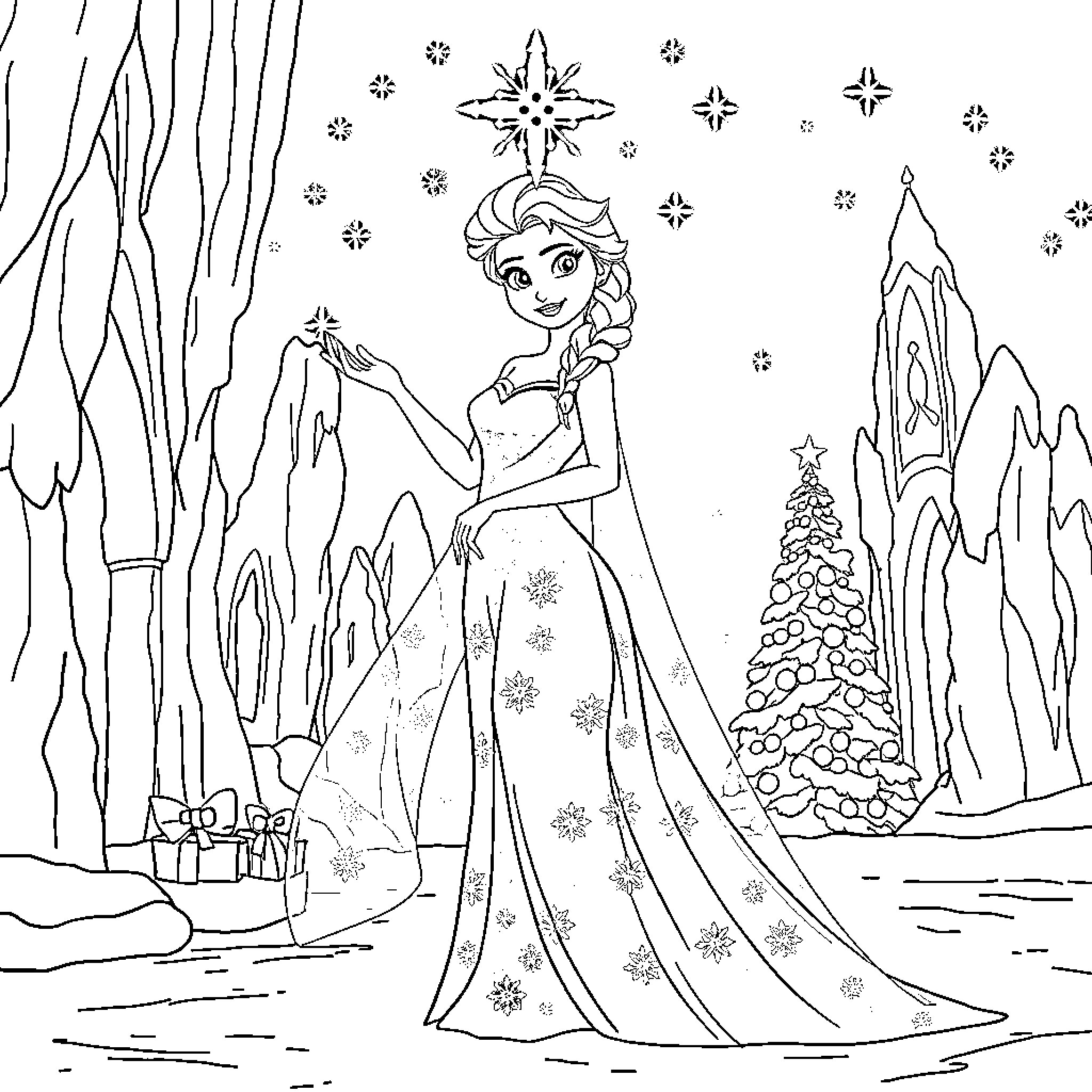 Elsa's Magical Winter Wonderland Coloring Page (free black-and-white line drawing printable PDF for all, from beginners to advanced learners, including children, teens, adults, and seniors)