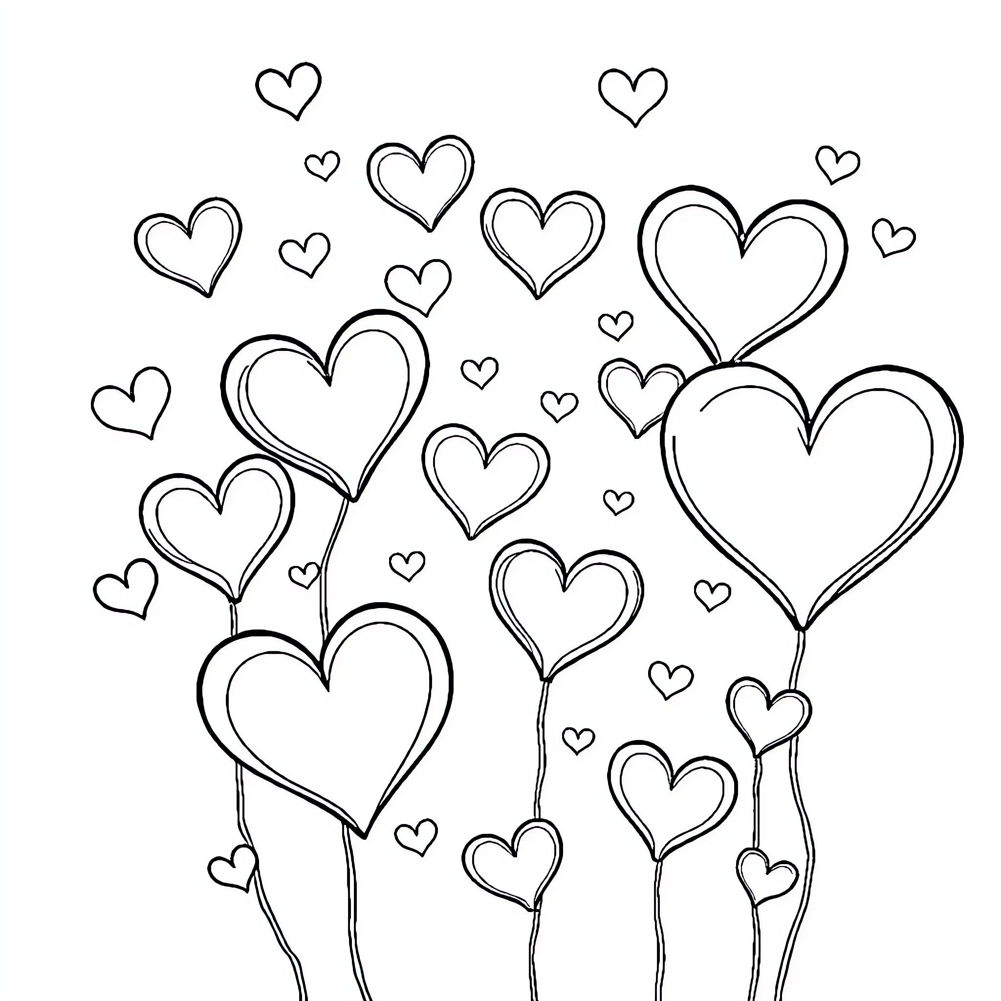 Heart-shaped flowers blooming with love Coloring Page (free black-and-white line drawing printable PDF for all, from beginners to advanced learners, including children, teens, adults, and seniors)