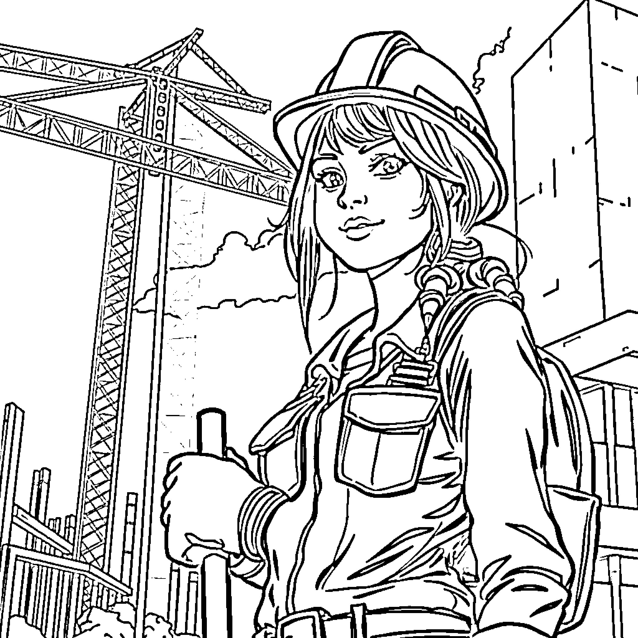 Girl Worker with Hardhat and Construction Site Coloring Page (free black-and-white line drawing printable PDF for all, from beginners to advanced learners, including children, teens, adults, and seniors)