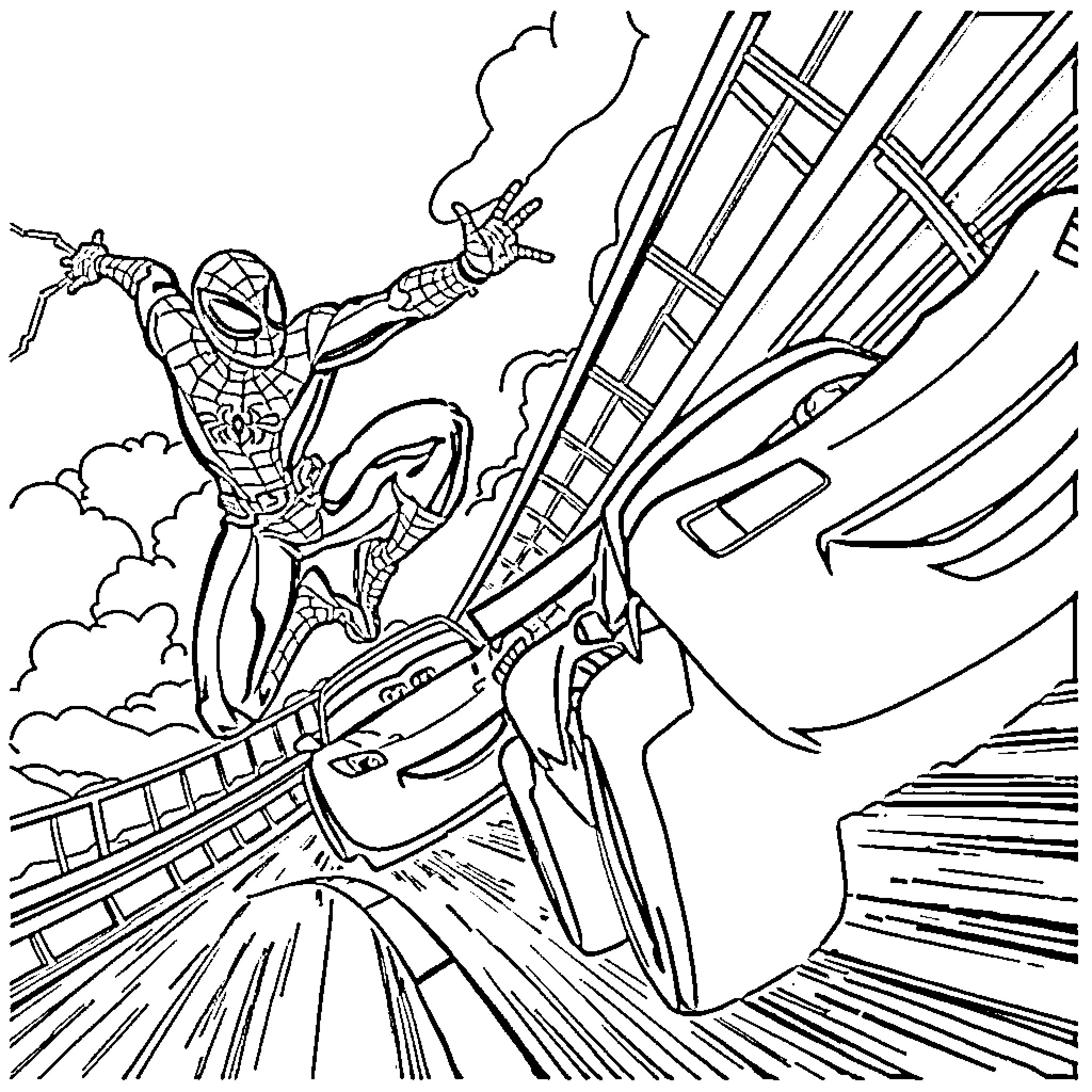 Spiderman swinging through city with action and heroics Coloring Page (free black-and-white line drawing printable PDF for all, from beginners to advanced learners, including children, teens, adults, and seniors)