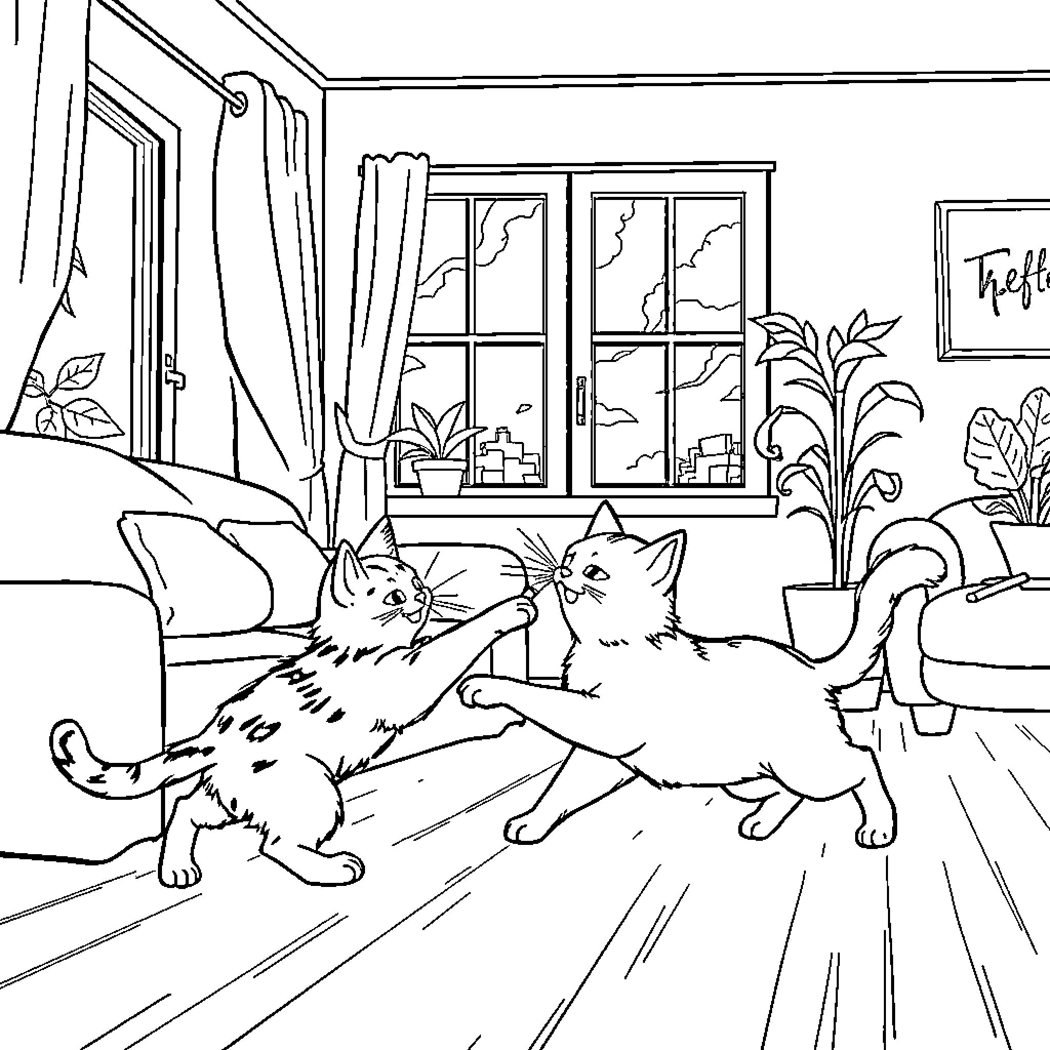 Cats lounging peacefully in cozy room Coloring Page (free black-and-white line drawing printable PDF for all, from beginners to advanced learners, including children, teens, adults, and seniors)