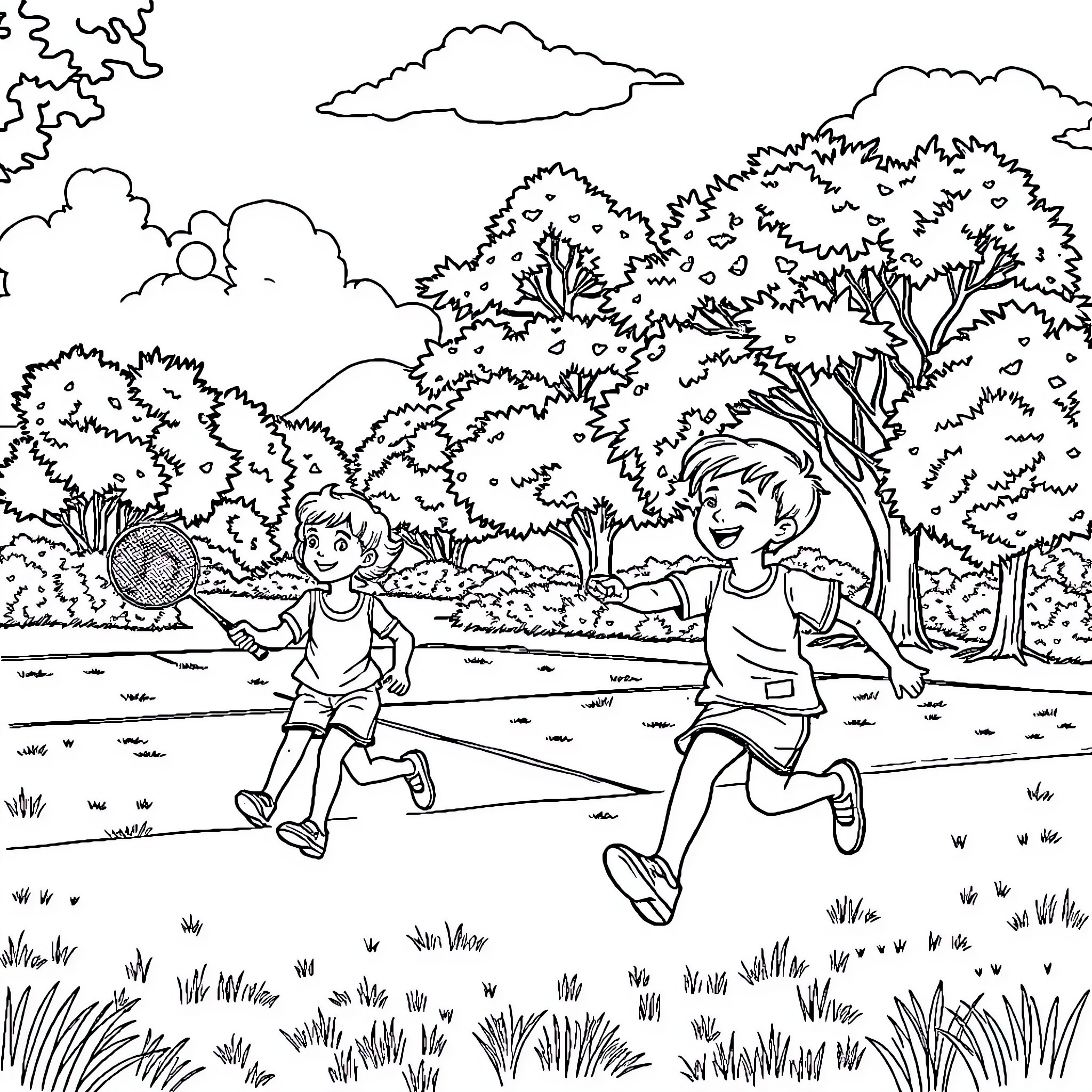 Kids running joyfully in the park Coloring Page (free black-and-white line drawing printable PDF for all, from beginners to advanced learners, including children, teens, adults, and seniors)