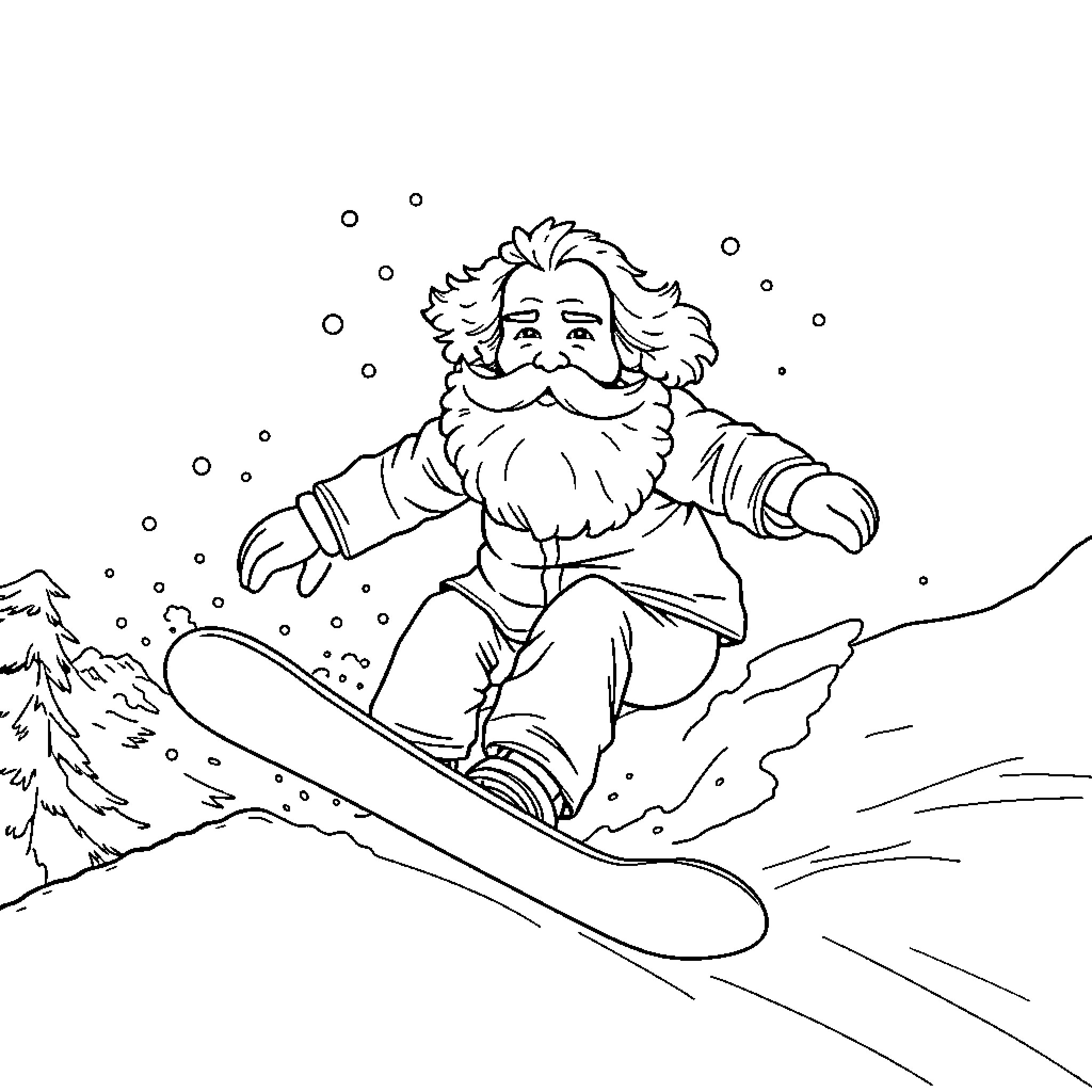 Karl Marx snowboarding down a snowy slope Coloring Page (free black-and-white line drawing printable PDF for all, from beginners to advanced learners, including children, teens, adults, and seniors)