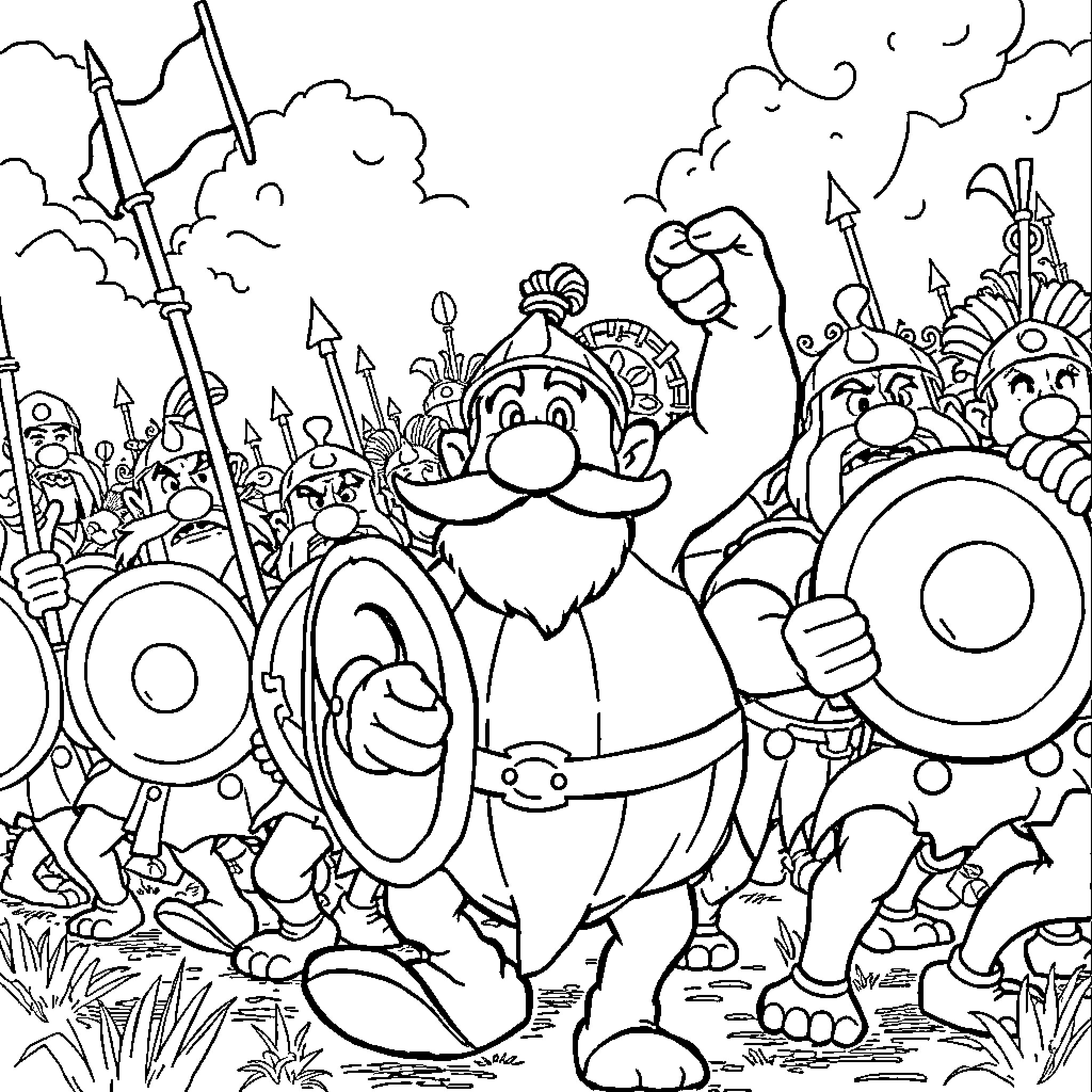 Asterix leading his Gallic warriors into battle Coloring Page (free black-and-white line drawing printable PDF for all, from beginners to advanced learners, including children, teens, adults, and seniors)