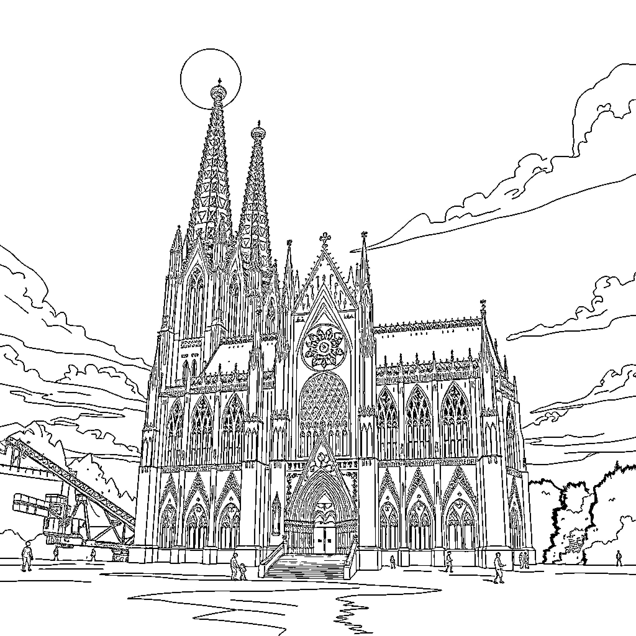 Alien cathedral in the night sky Coloring Page (free black-and-white line drawing printable PDF for all, from beginners to advanced learners, including children, teens, adults, and seniors)