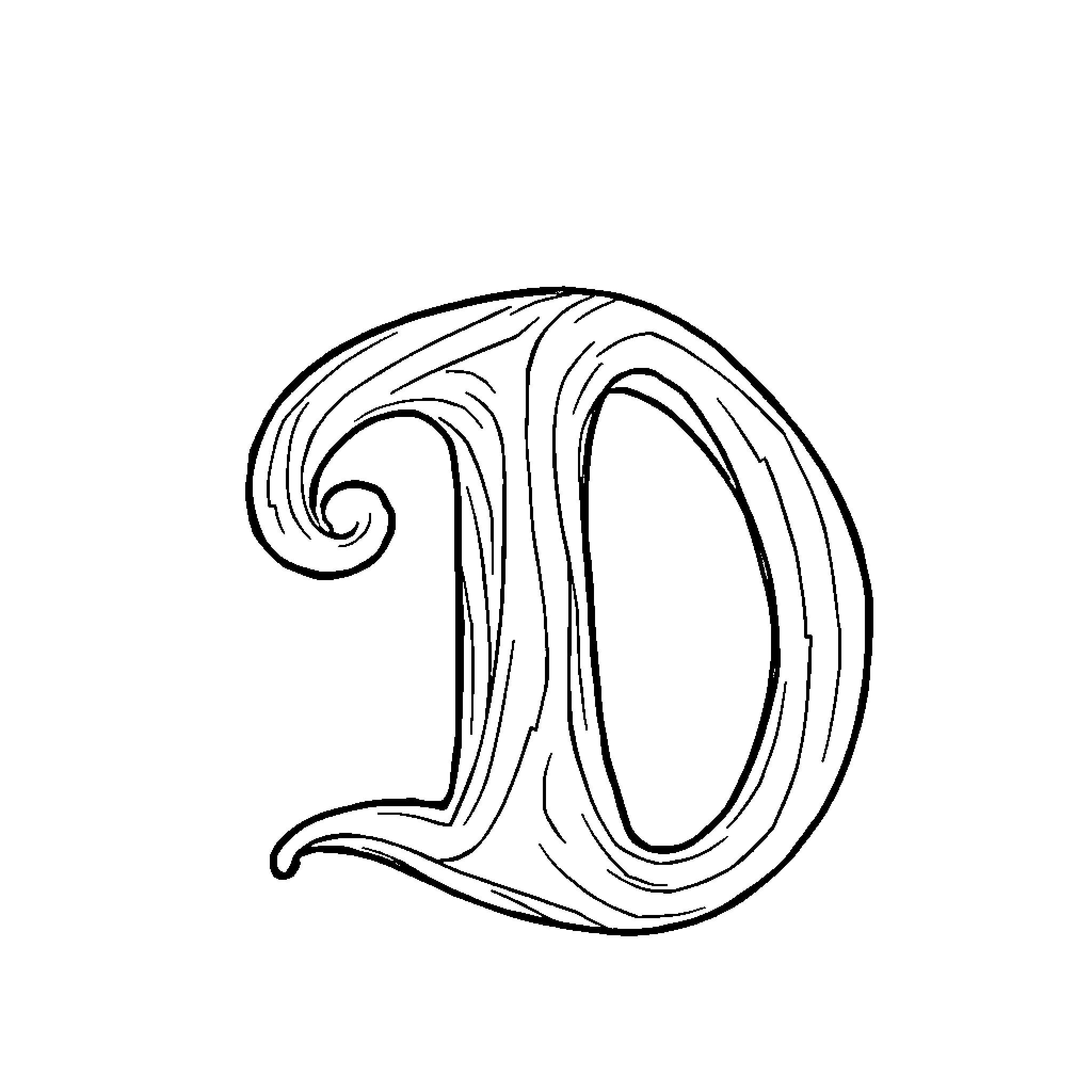 Decorative Cursive Letter D Coloring Page (free black-and-white line drawing printable PDF for all, from beginners to advanced learners, including children, teens, adults, and seniors)