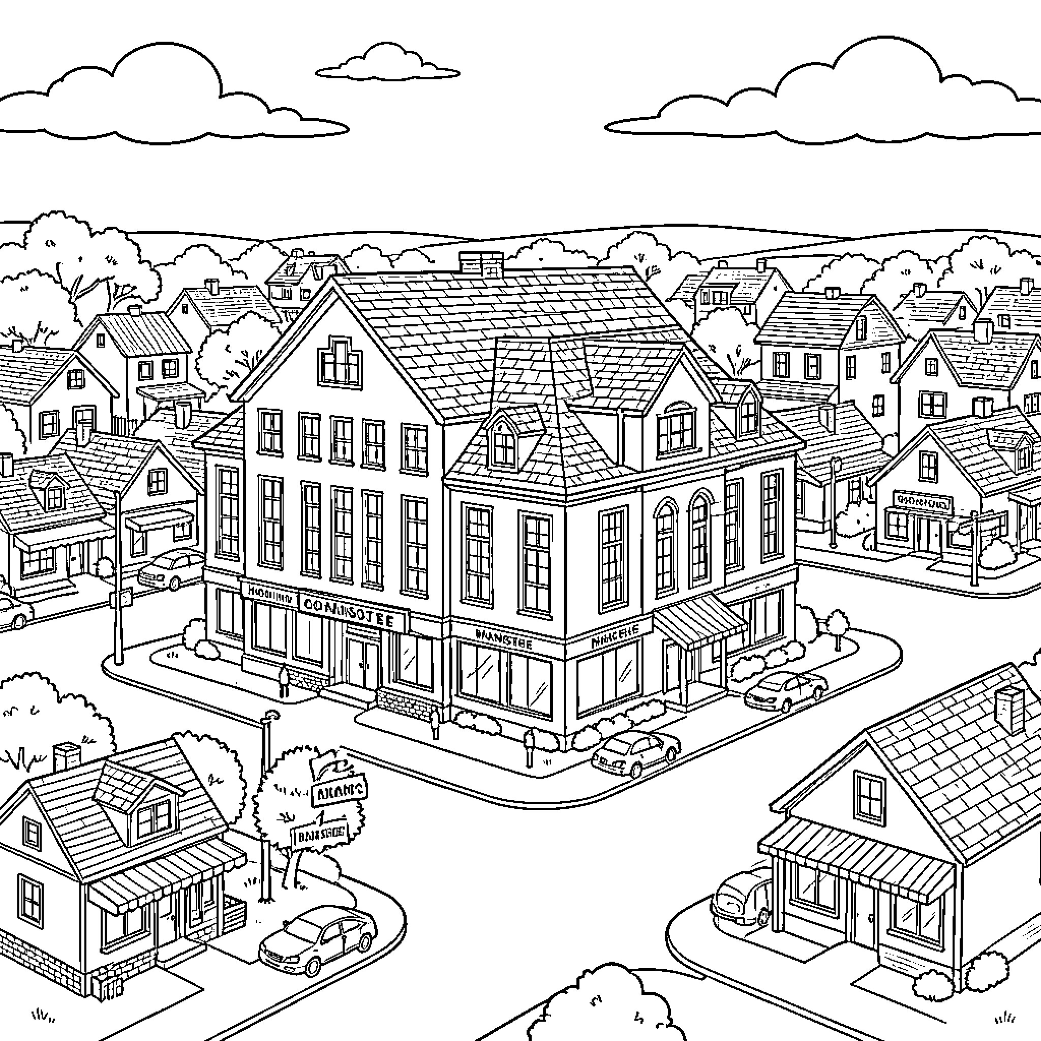 Housing buildings lining a quiet suburban street scene Coloring Page (free black-and-white line drawing printable PDF for all, from beginners to advanced learners, including children, teens, adults, and seniors)