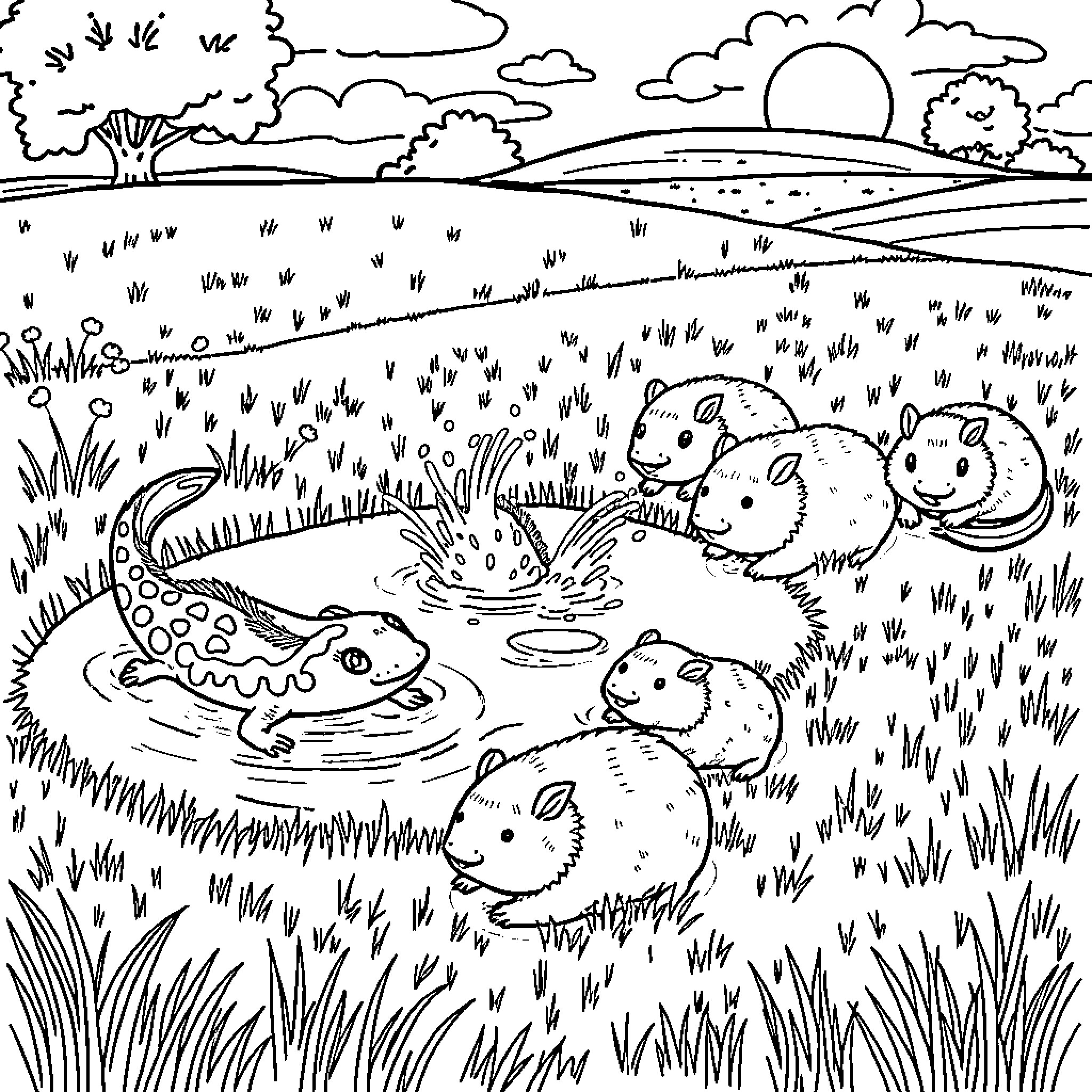Axolotls enjoying the pond in a natural landscape Coloring Page (free black-and-white line drawing printable PDF for all, from beginners to advanced learners, including children, teens, adults, and seniors)