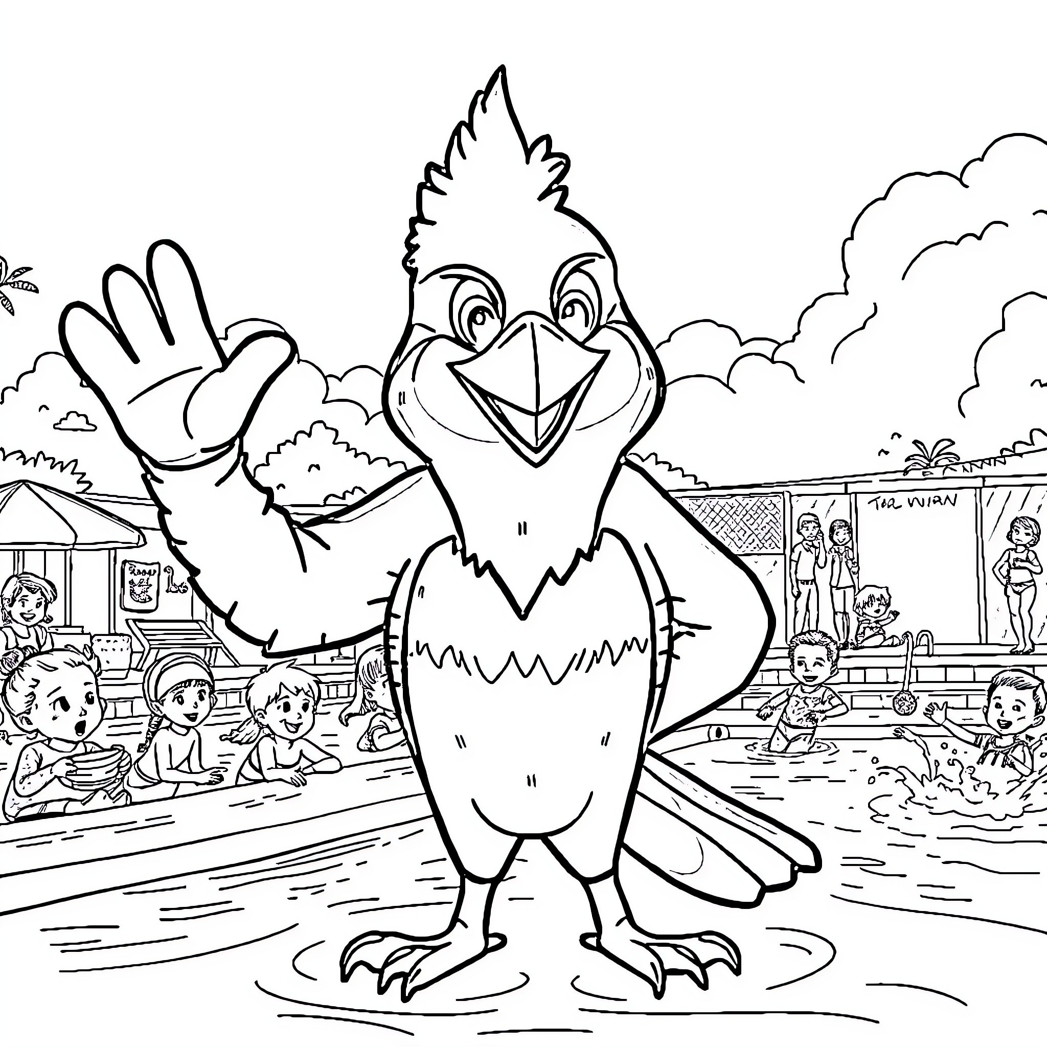 Blue Jay waving happily in the park Coloring Page (free black-and-white line drawing printable PDF for all, from beginners to advanced learners, including children, teens, adults, and seniors)