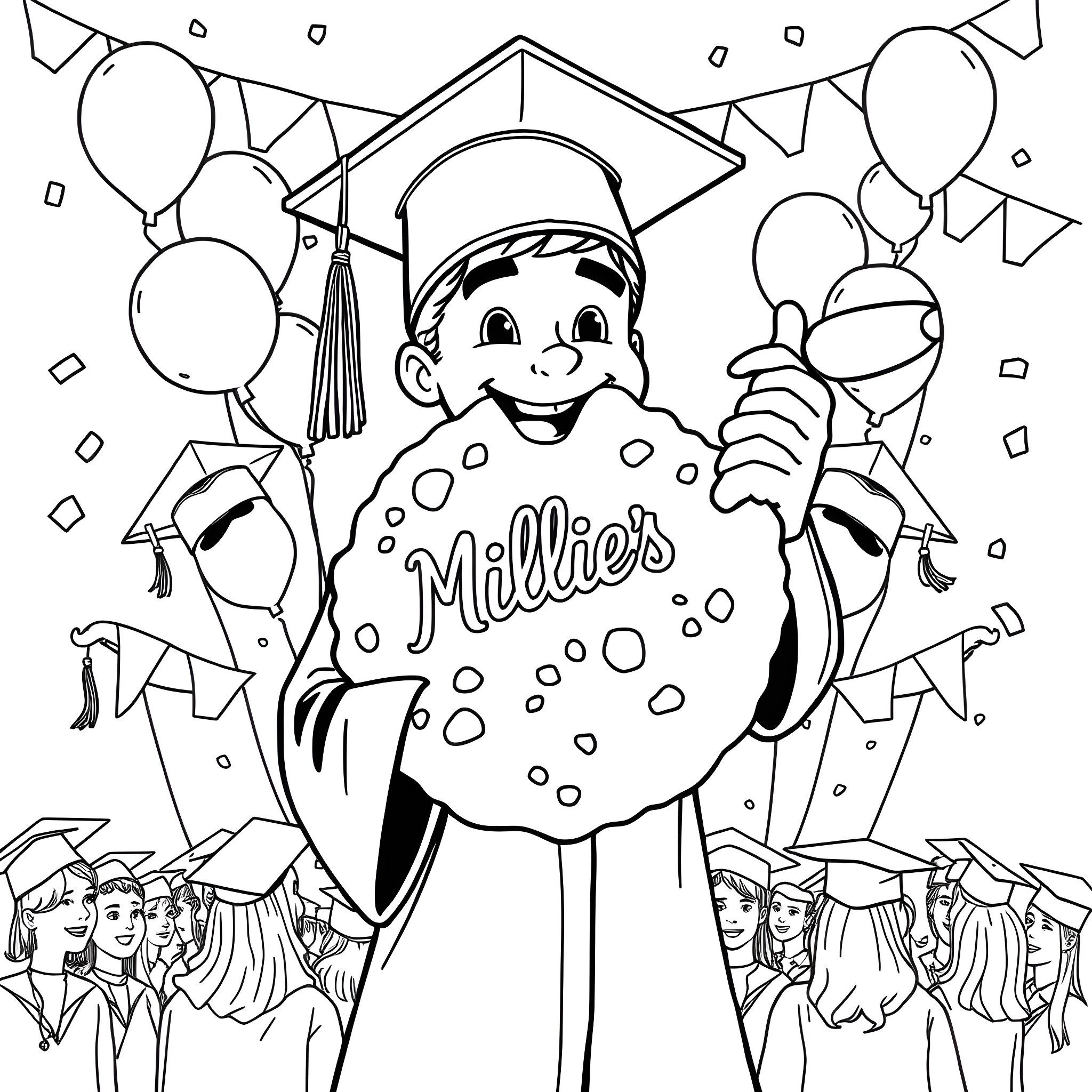 Cookie's Graduation Celebration with Balloons Coloring Page (free black-and-white line drawing printable PDF for all, from beginners to advanced learners, including children, teens, adults, and seniors)