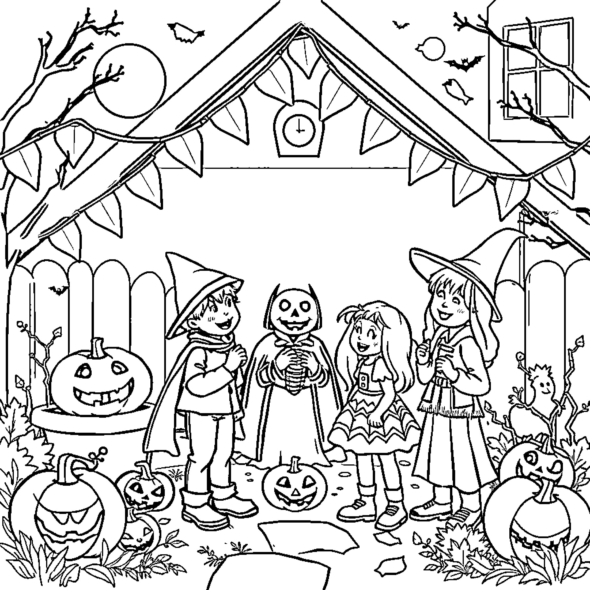 Halloween characters celebrating in a spooky environment Coloring Page (free black-and-white line drawing printable PDF for all, from beginners to advanced learners, including children, teens, adults, and seniors)