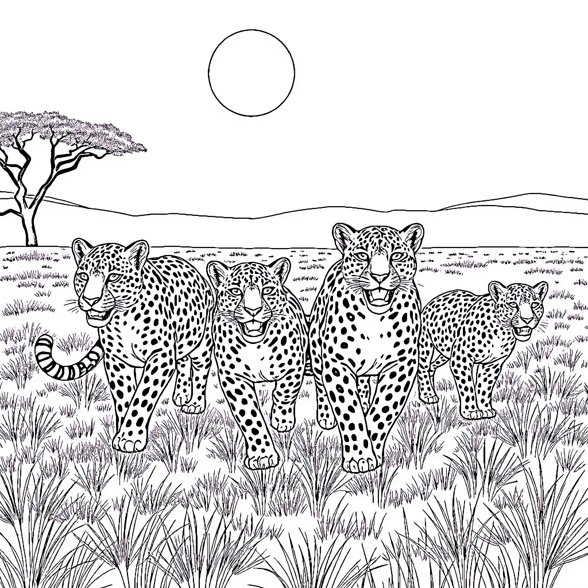 Leopard family strolling through the savanna Coloring Page (free black-and-white line drawing printable PDF for all, from beginners to advanced learners, including children, teens, adults, and seniors)