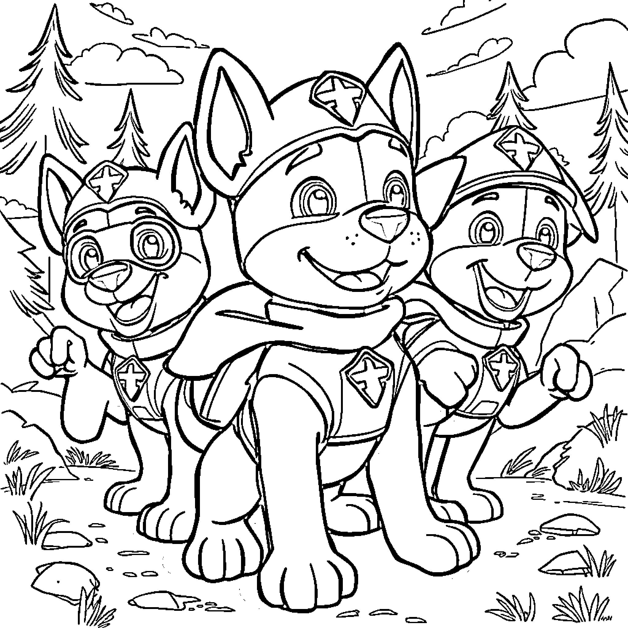 Paw Patrol pups in a scenic outdoor adventure Coloring Page (free black-and-white line drawing printable PDF for all, from beginners to advanced learners, including children, teens, adults, and seniors)