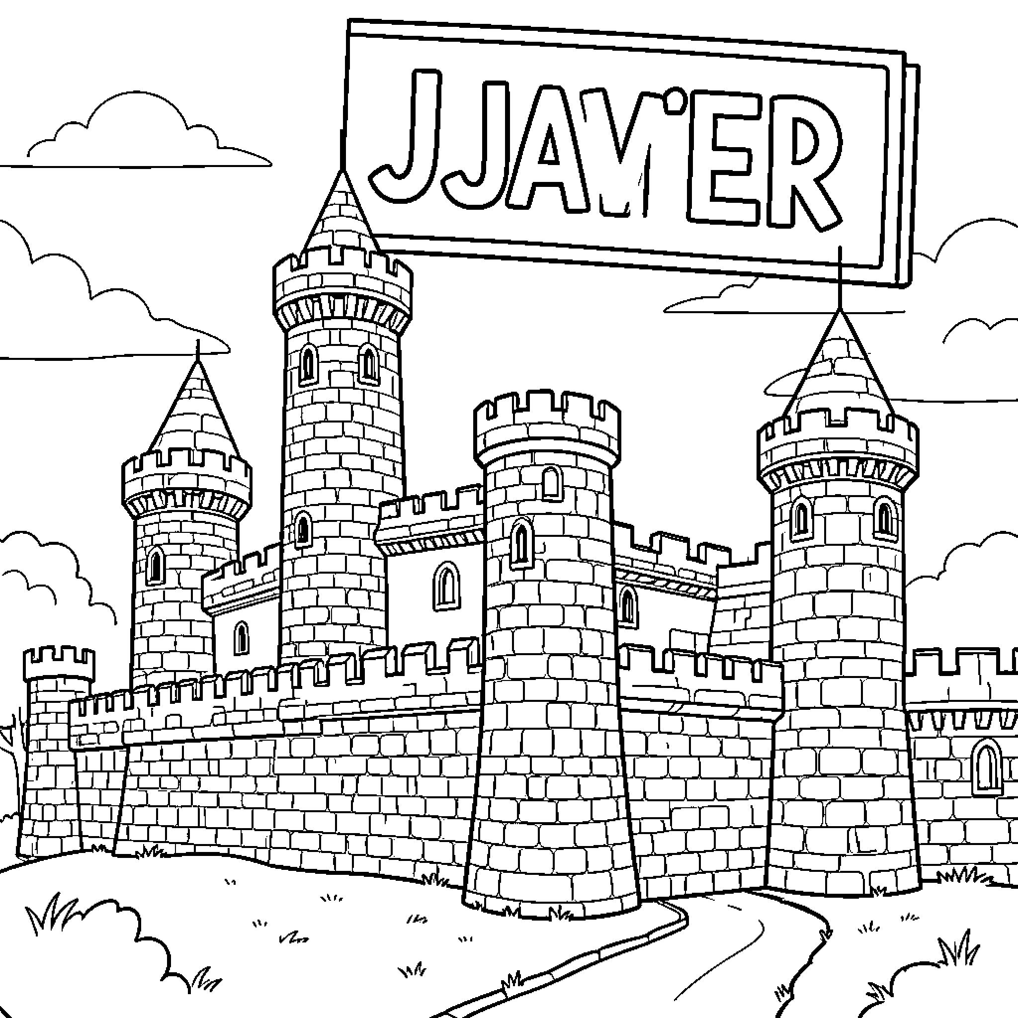 Castle with Towers and Turrets Coloring Page (free black-and-white line drawing printable PDF for all, from beginners to advanced learners, including children, teens, adults, and seniors)