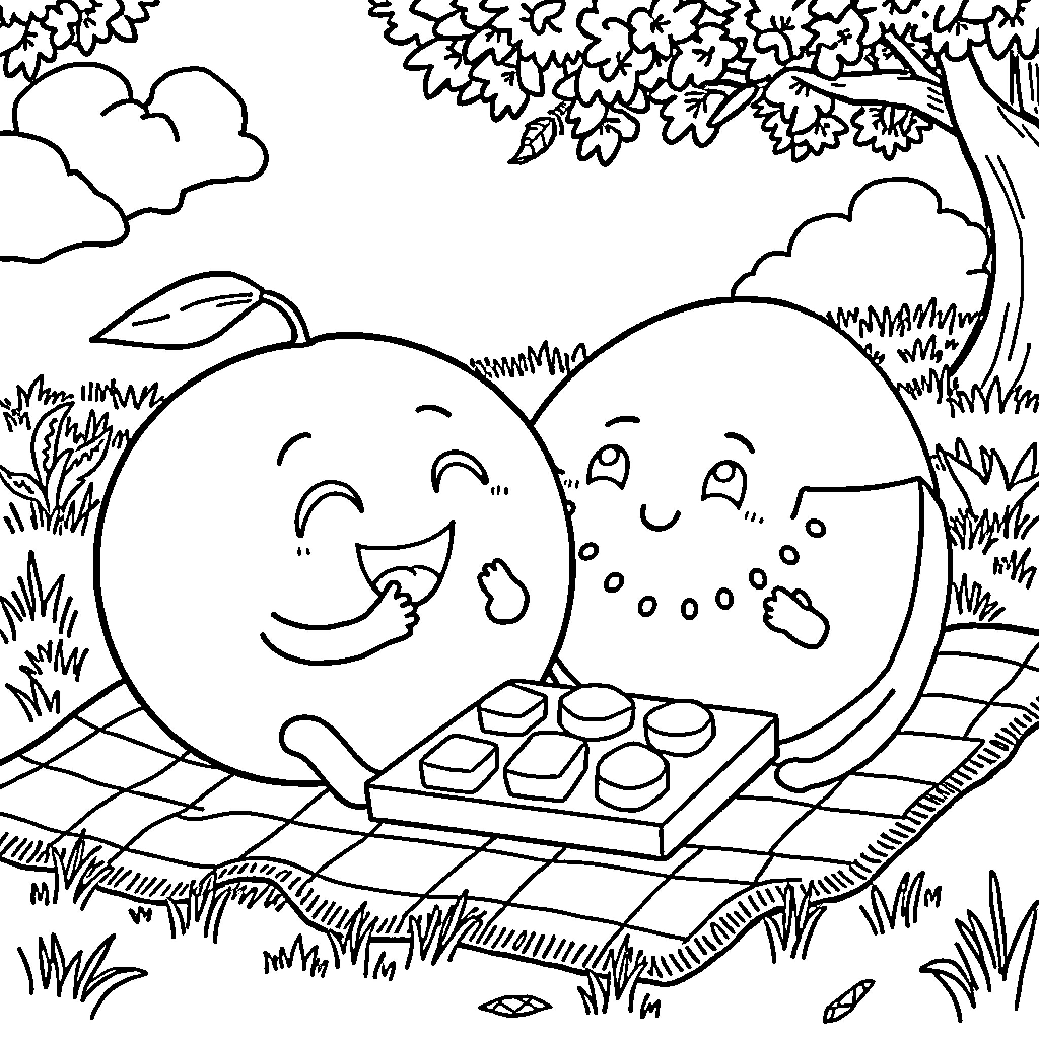 Fruit enjoying a picnic in the park Coloring Page (free black-and-white line drawing printable PDF for all, from beginners to advanced learners, including children, teens, adults, and seniors)