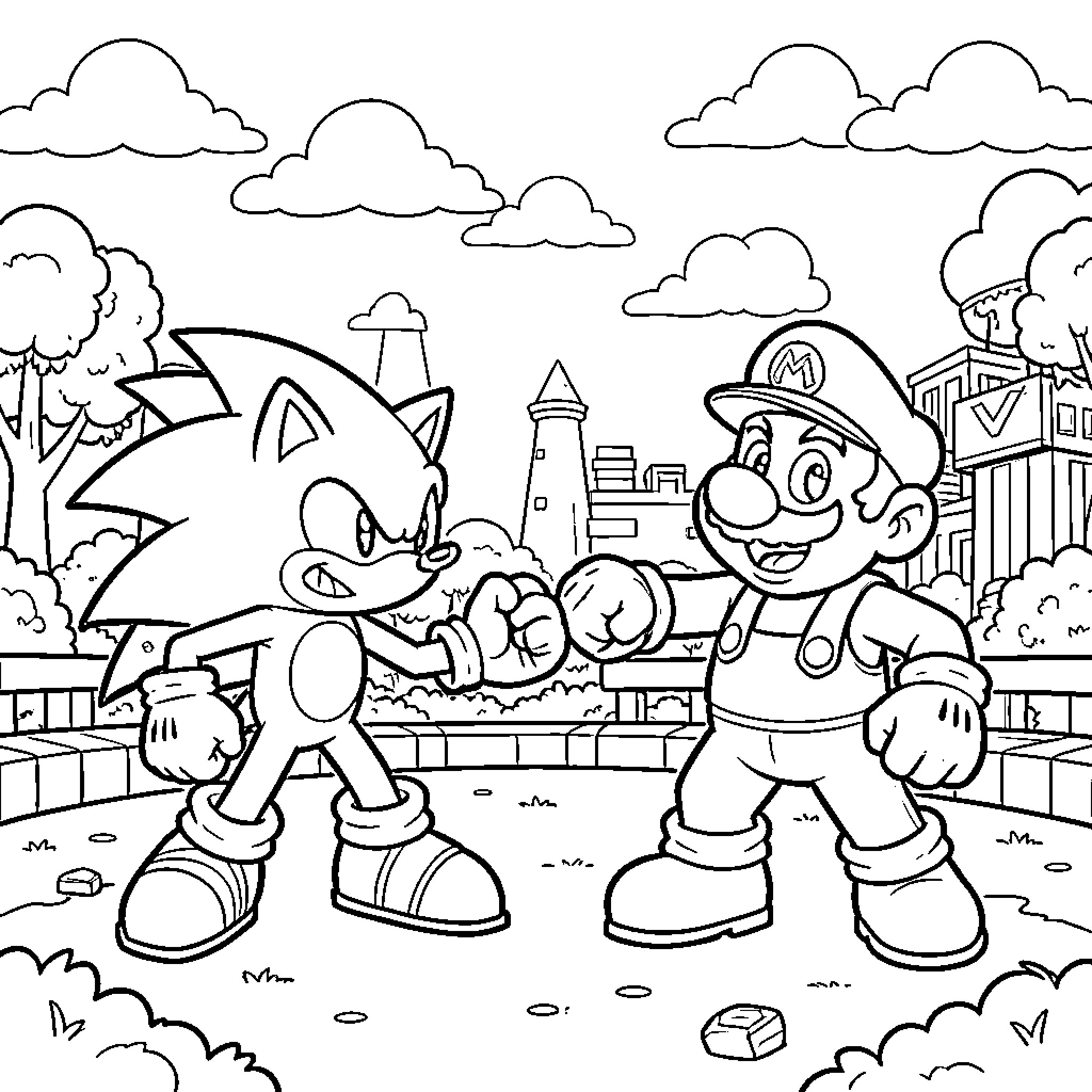 Sonic characters in an urban environment Coloring Page (free black-and-white line drawing printable PDF for all, from beginners to advanced learners, including children, teens, adults, and seniors)