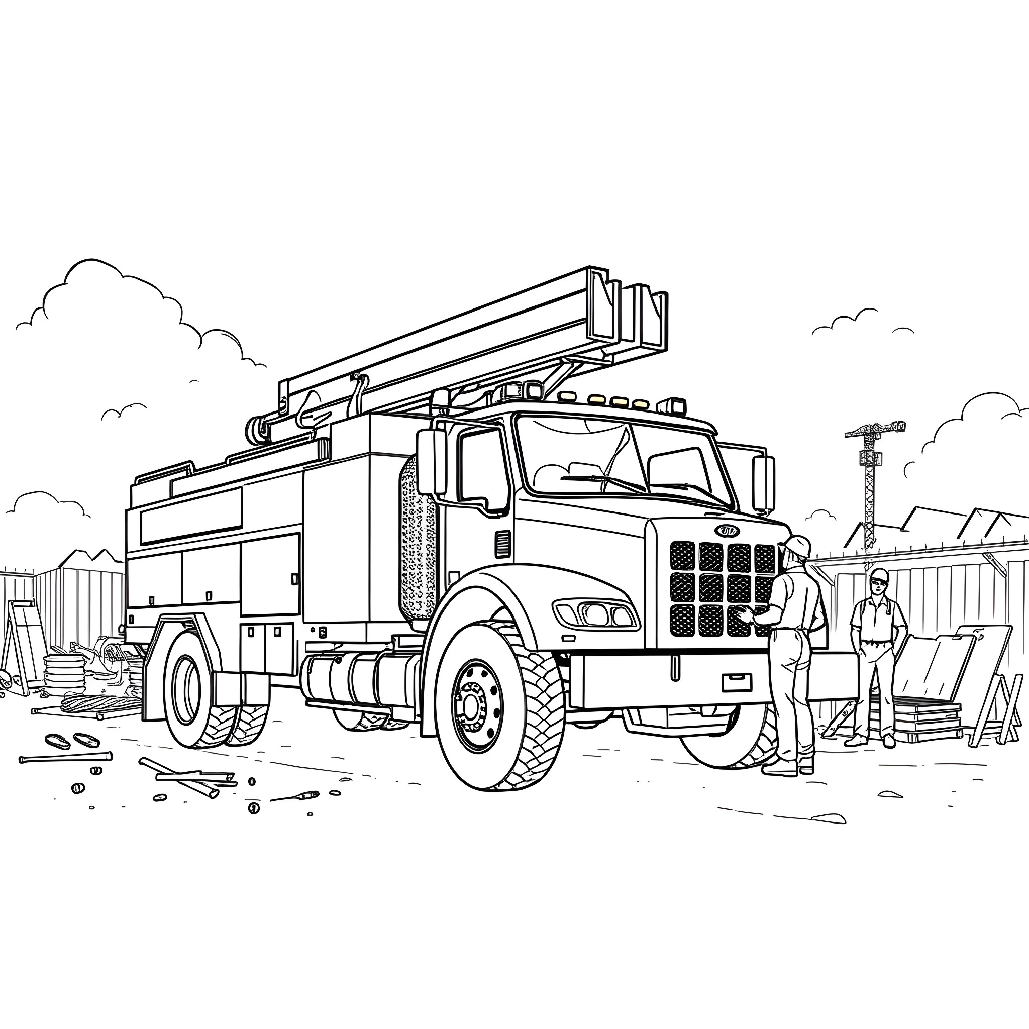 Truck with emergency equipment at construction site Coloring Page (free black-and-white line drawing printable PDF for all, from beginners to advanced learners, including children, teens, adults, and seniors)