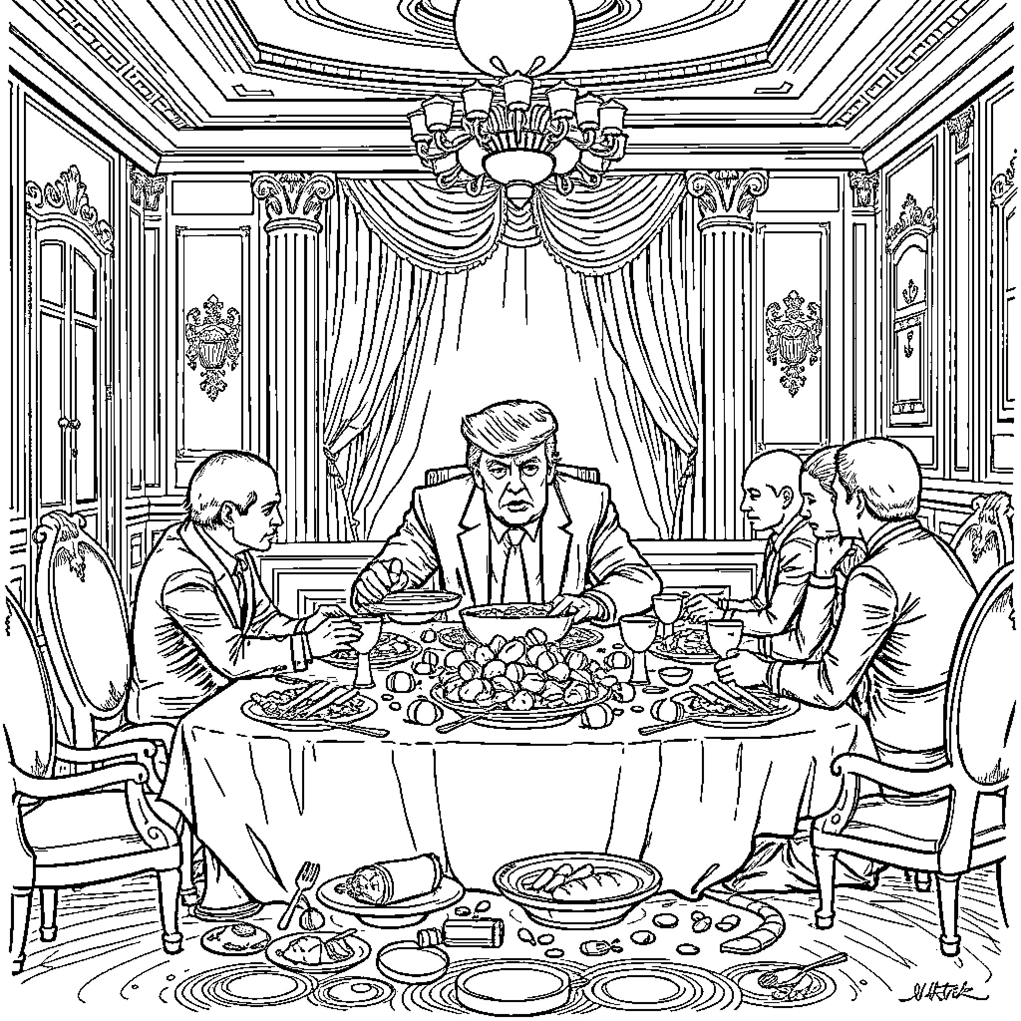 Trump hosting a formal dinner in an ornate, lavish setting Coloring Page (free black-and-white line drawing printable PDF for all, from beginners to advanced learners, including children, teens, adults, and seniors)