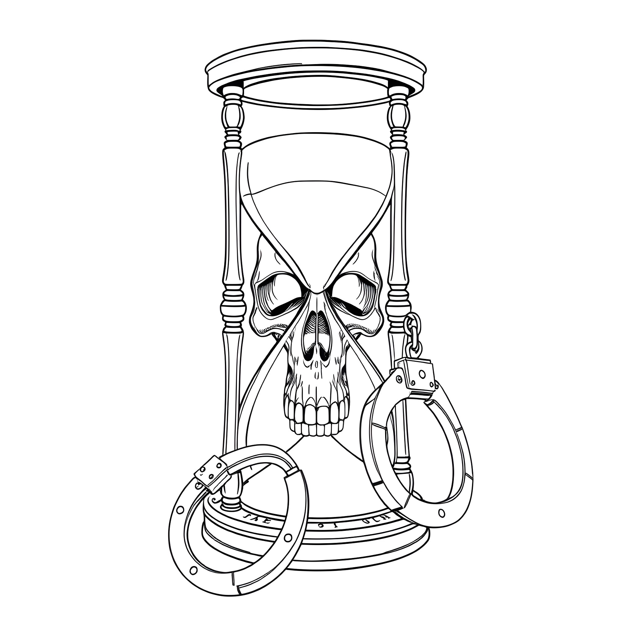 Hourglass depicting a skull and handcuffs Coloring Page (free black-and-white line drawing printable PDF for all, from beginners to advanced learners, including children, teens, adults, and seniors)