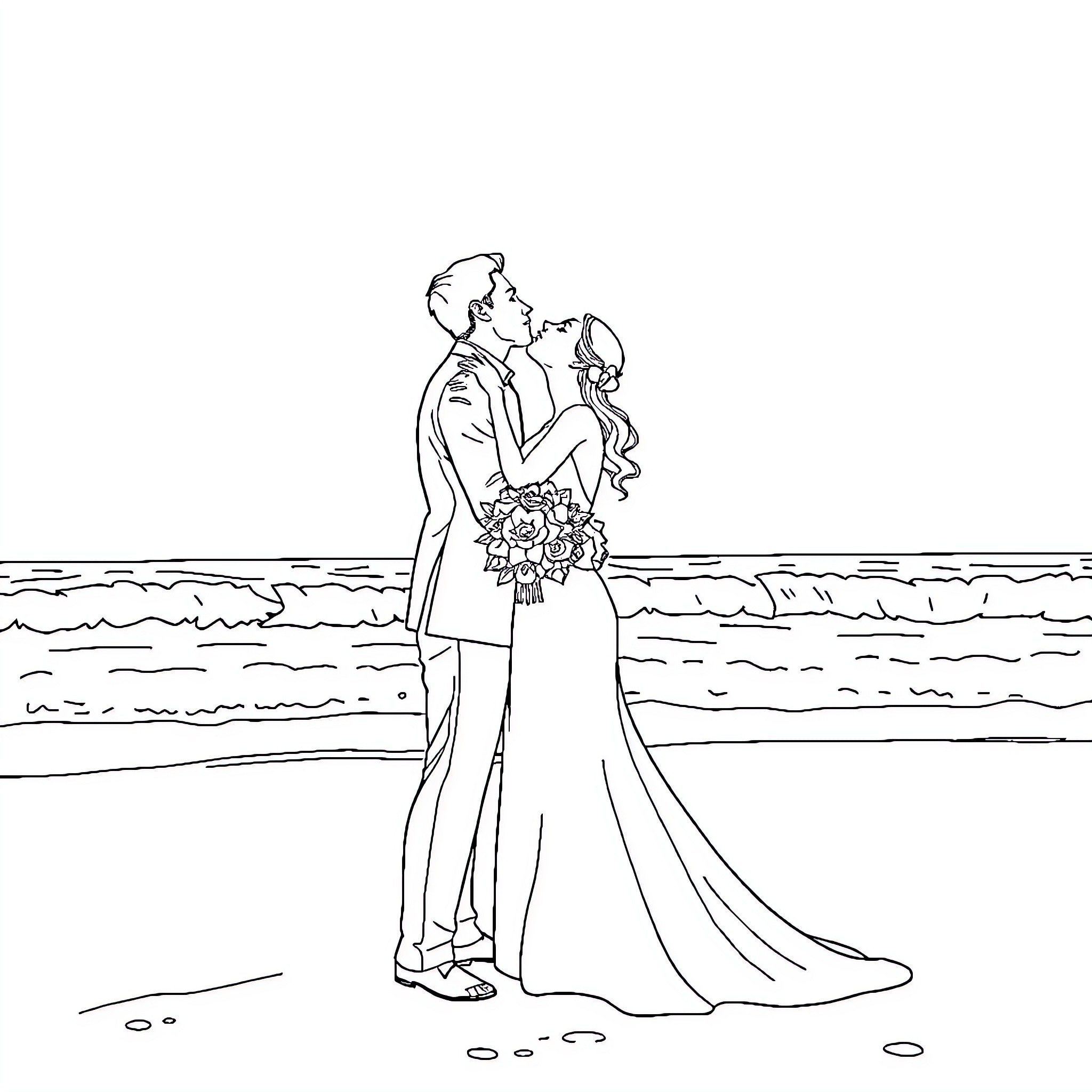 Wedding Couple Embracing on the Beach Coloring Page (free black-and-white line drawing printable PDF for all, from beginners to advanced learners, including children, teens, adults, and seniors)