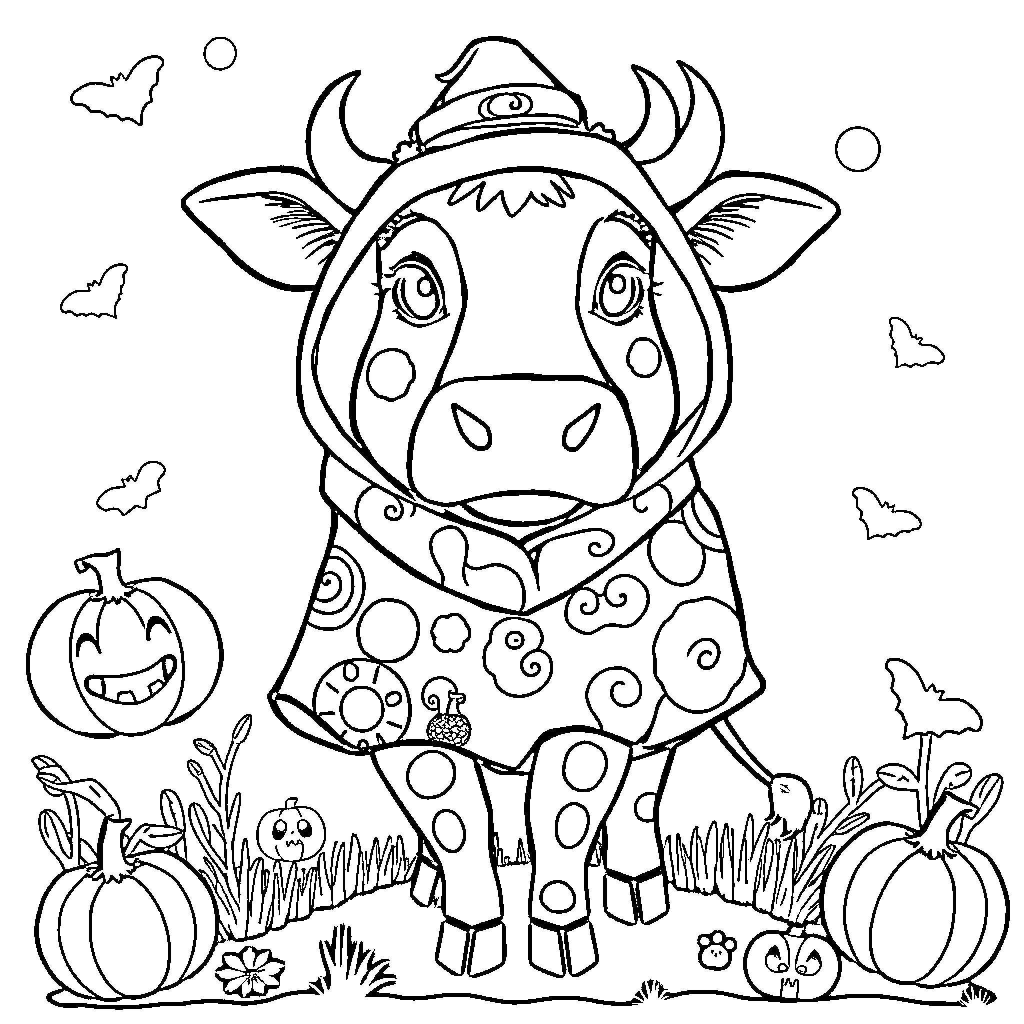 Cow in whimsical costume surrounded by pumpkins Coloring Page (free black-and-white line drawing printable PDF for all, from beginners to advanced learners, including children, teens, adults, and seniors)