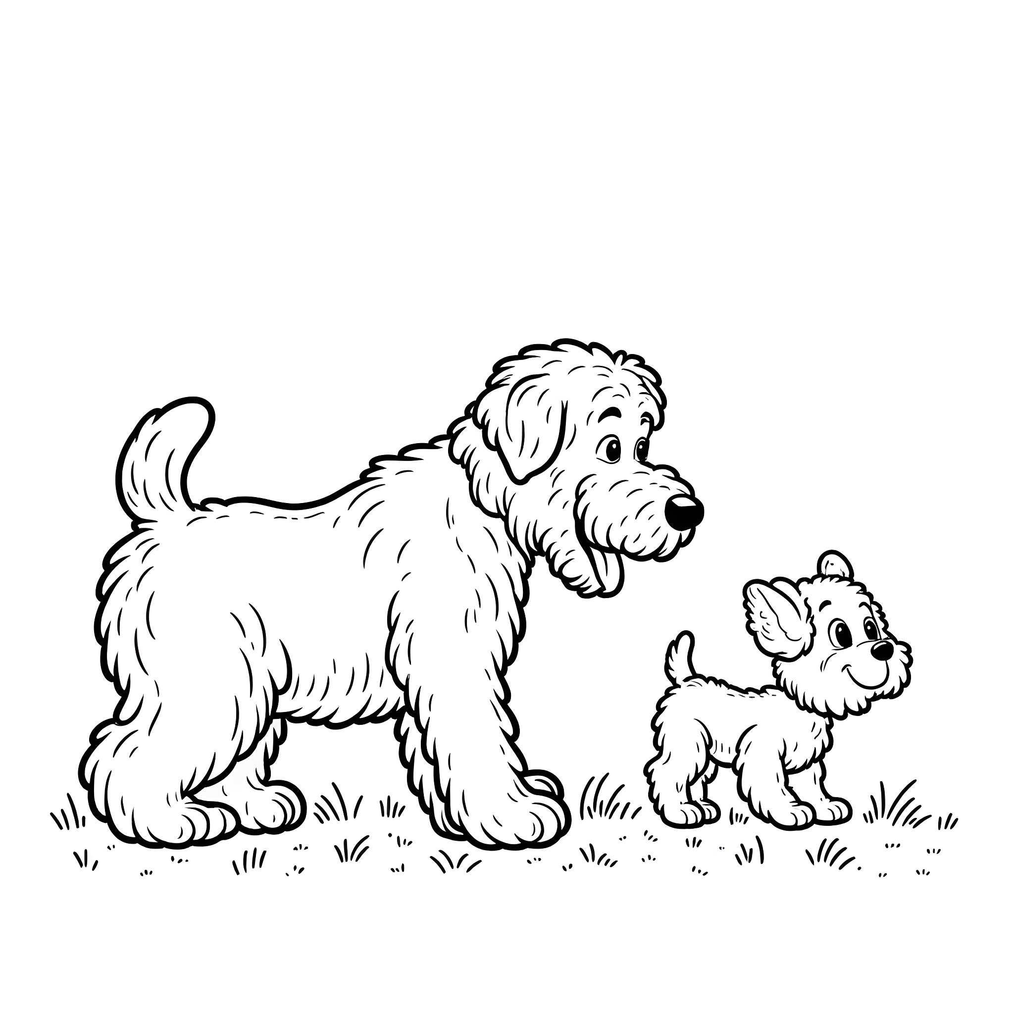Dog and puppy playing in the field Coloring Page (free black-and-white line drawing printable PDF for all, from beginners to advanced learners, including children, teens, adults, and seniors)