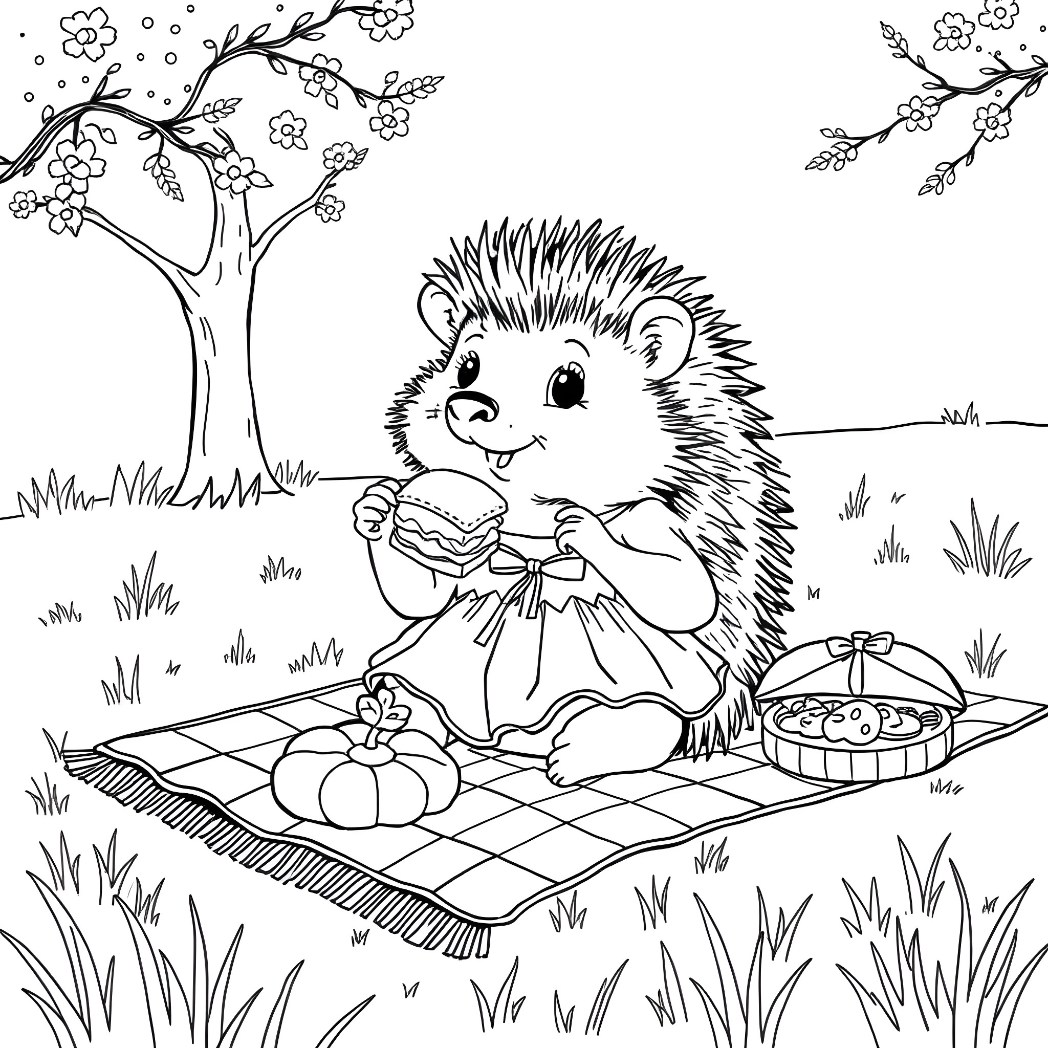 Hedgehog enjoying a picnic in a flower garden Coloring Page (free black-and-white line drawing printable PDF for all, from beginners to advanced learners, including children, teens, adults, and seniors)