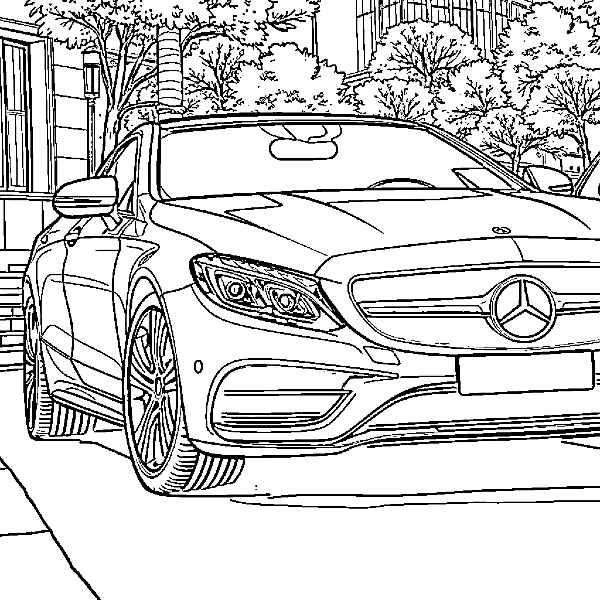 Mercedes luxury sedan on urban street Coloring Page (free black-and-white line drawing printable PDF for all, from beginners to advanced learners, including children, teens, adults, and seniors)
