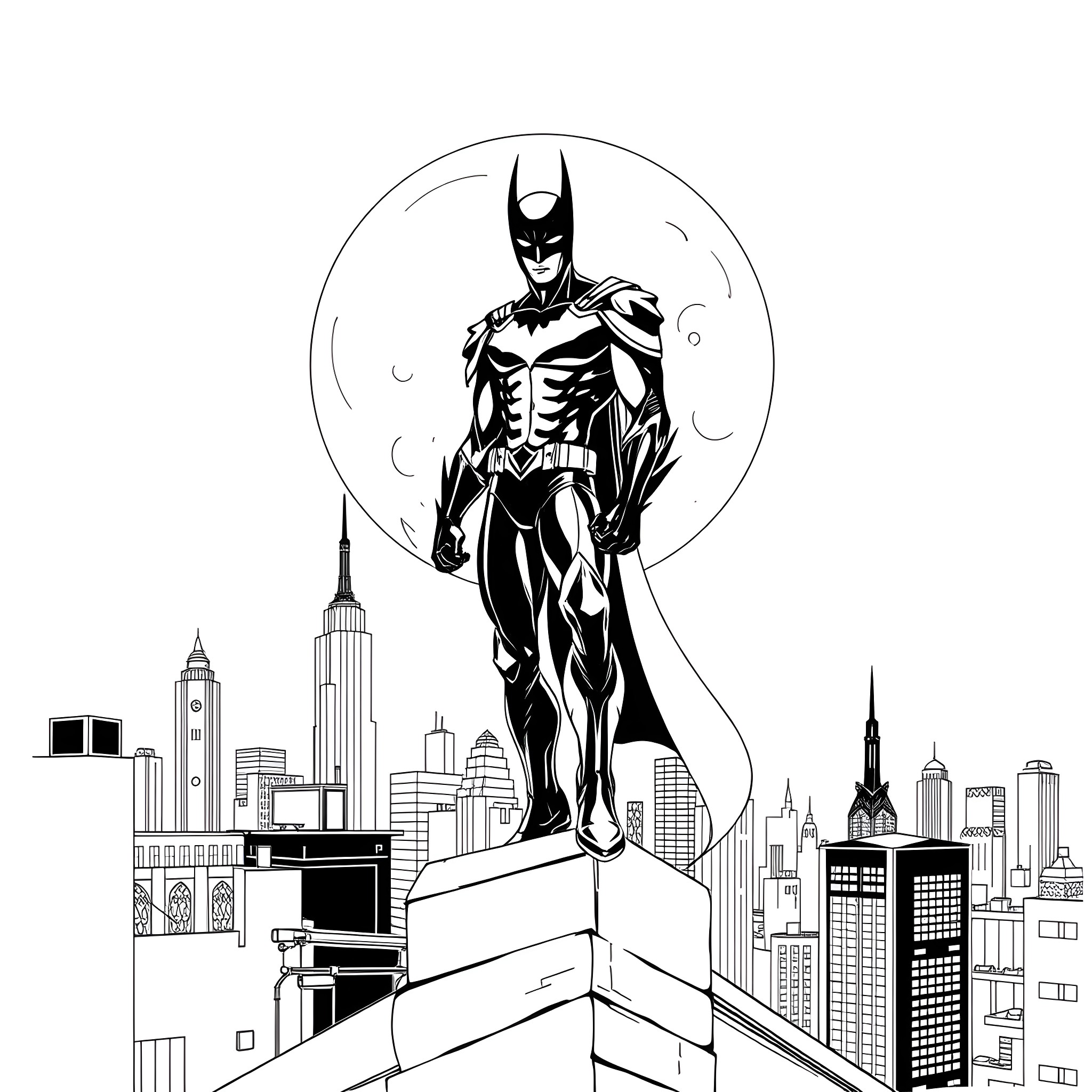 Moonwing: Superhero overlooking the city Coloring Page (free black-and-white line drawing printable PDF for all, from beginners to advanced learners, including children, teens, adults, and seniors)
