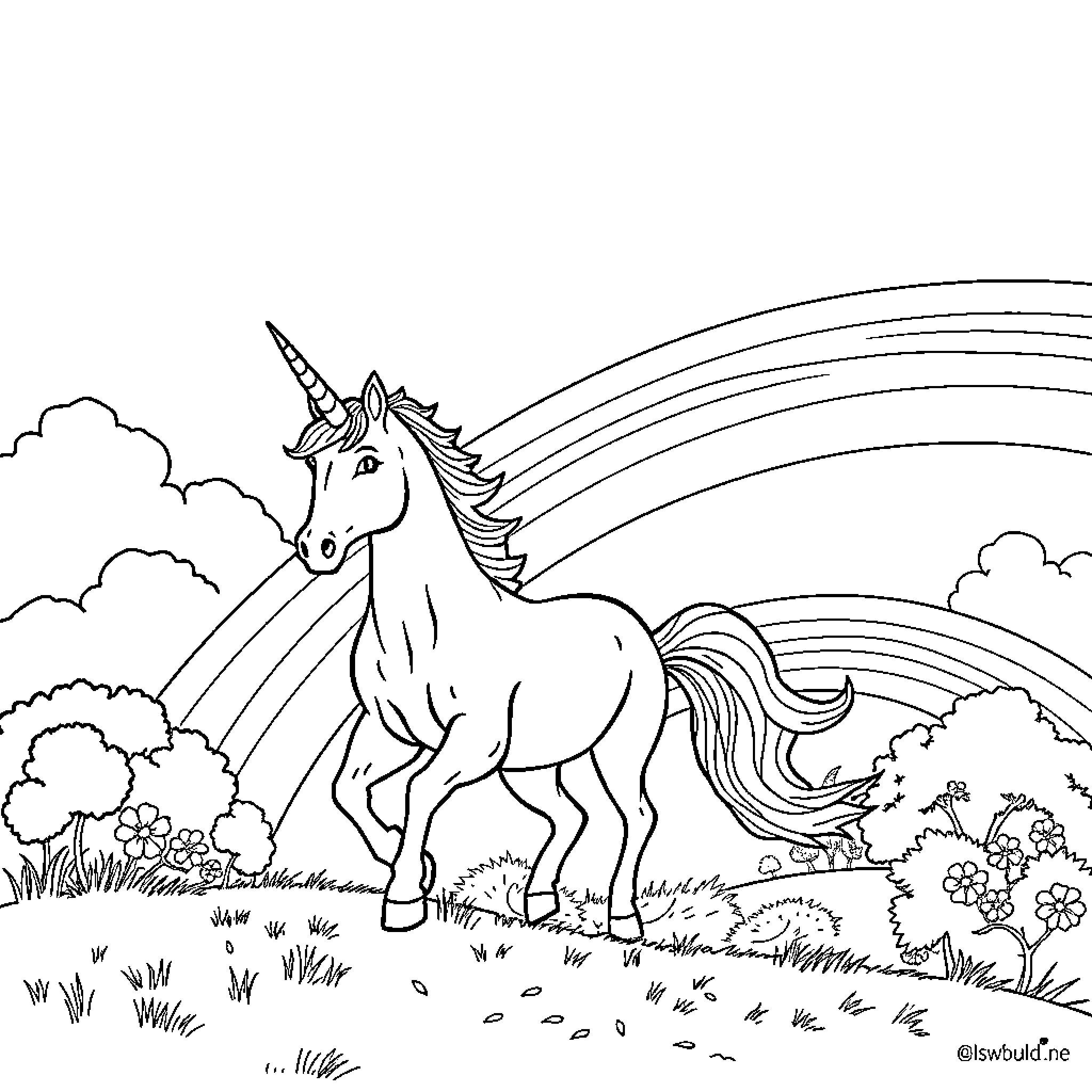 Unicorn running freely in a magical landscape Coloring Page (free black-and-white line drawing printable PDF for all, from beginners to advanced learners, including children, teens, adults, and seniors)