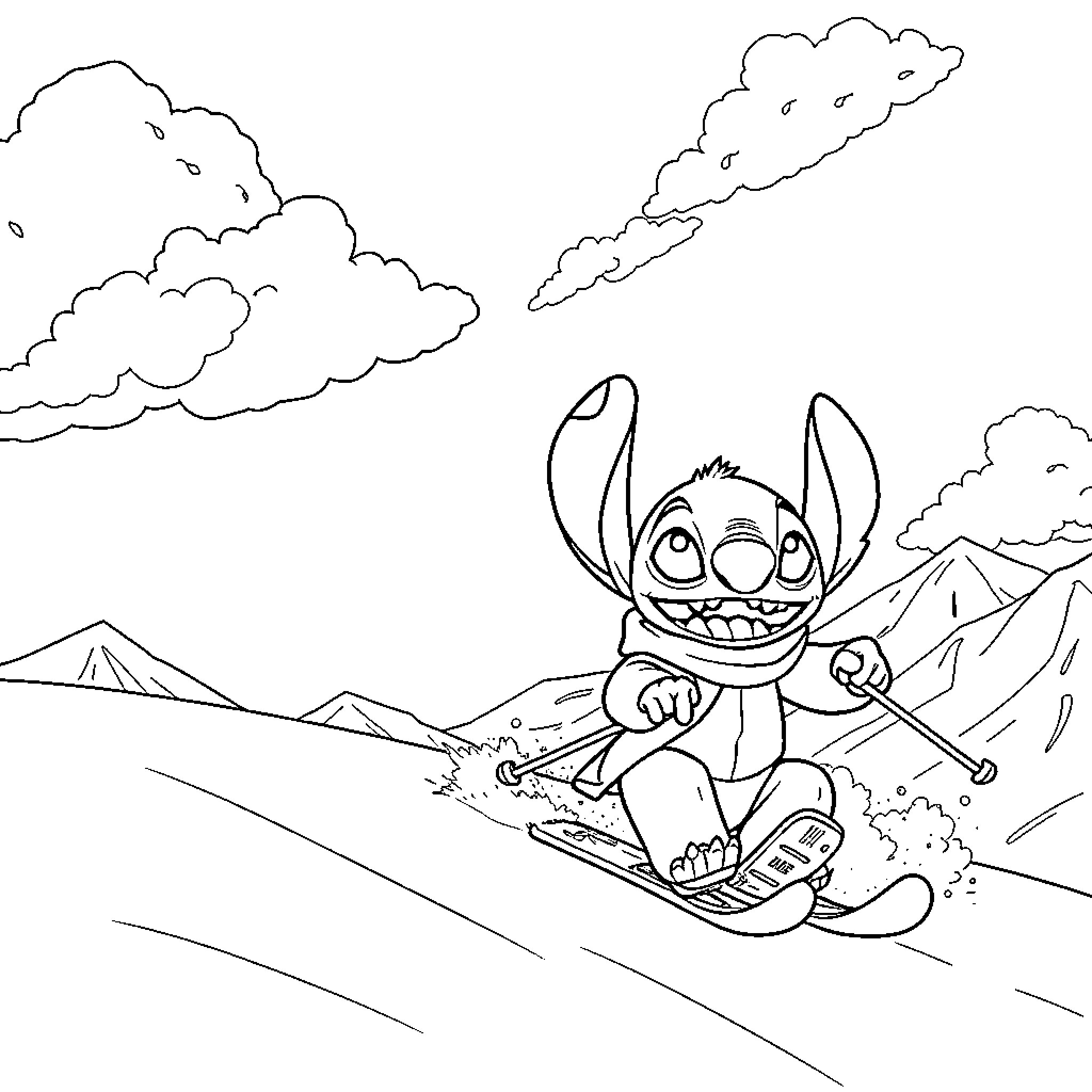 Lilo enjoying a snow sport adventure Coloring Page (free black-and-white line drawing printable PDF for all, from beginners to advanced learners, including children, teens, adults, and seniors)