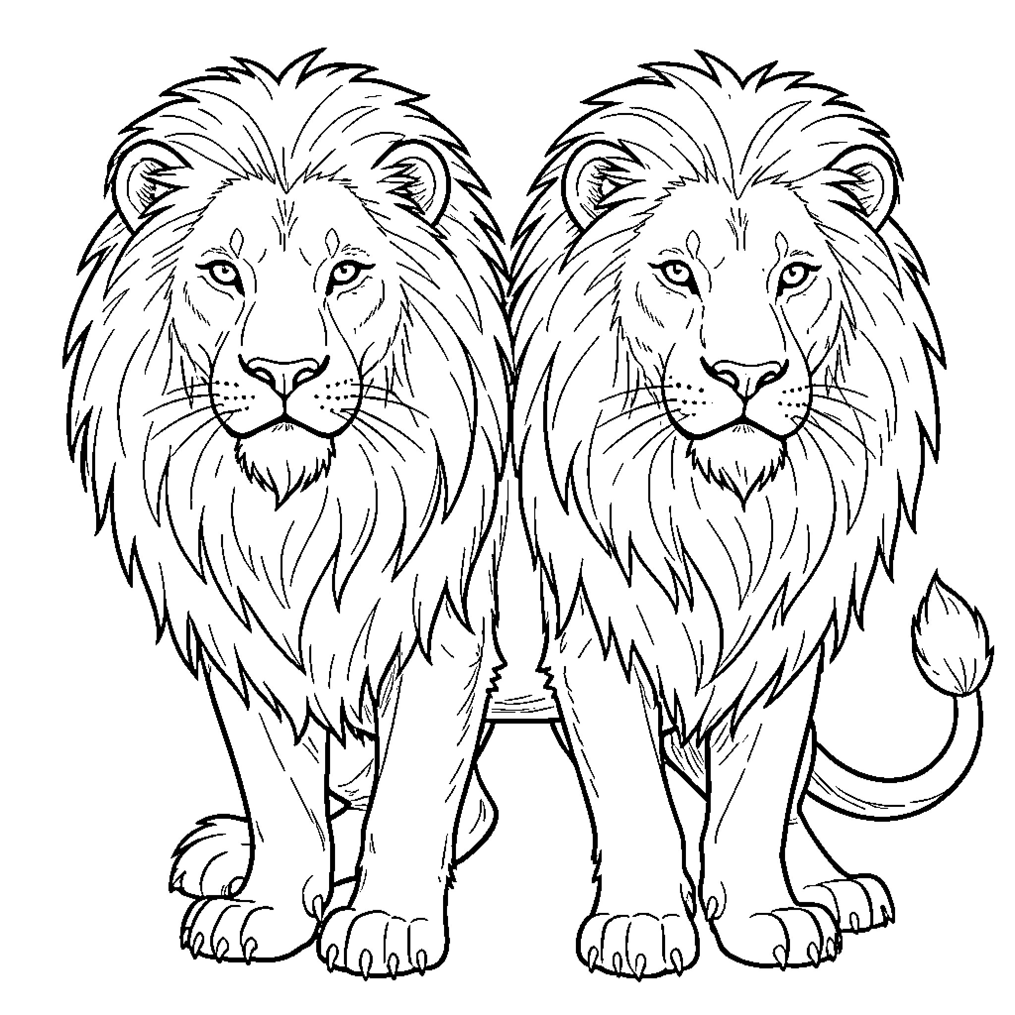 Two-Headed Lion sitting majestically with a stoic expression Coloring Page (free black-and-white line drawing printable PDF for all, from beginners to advanced learners, including children, teens, adults, and seniors)