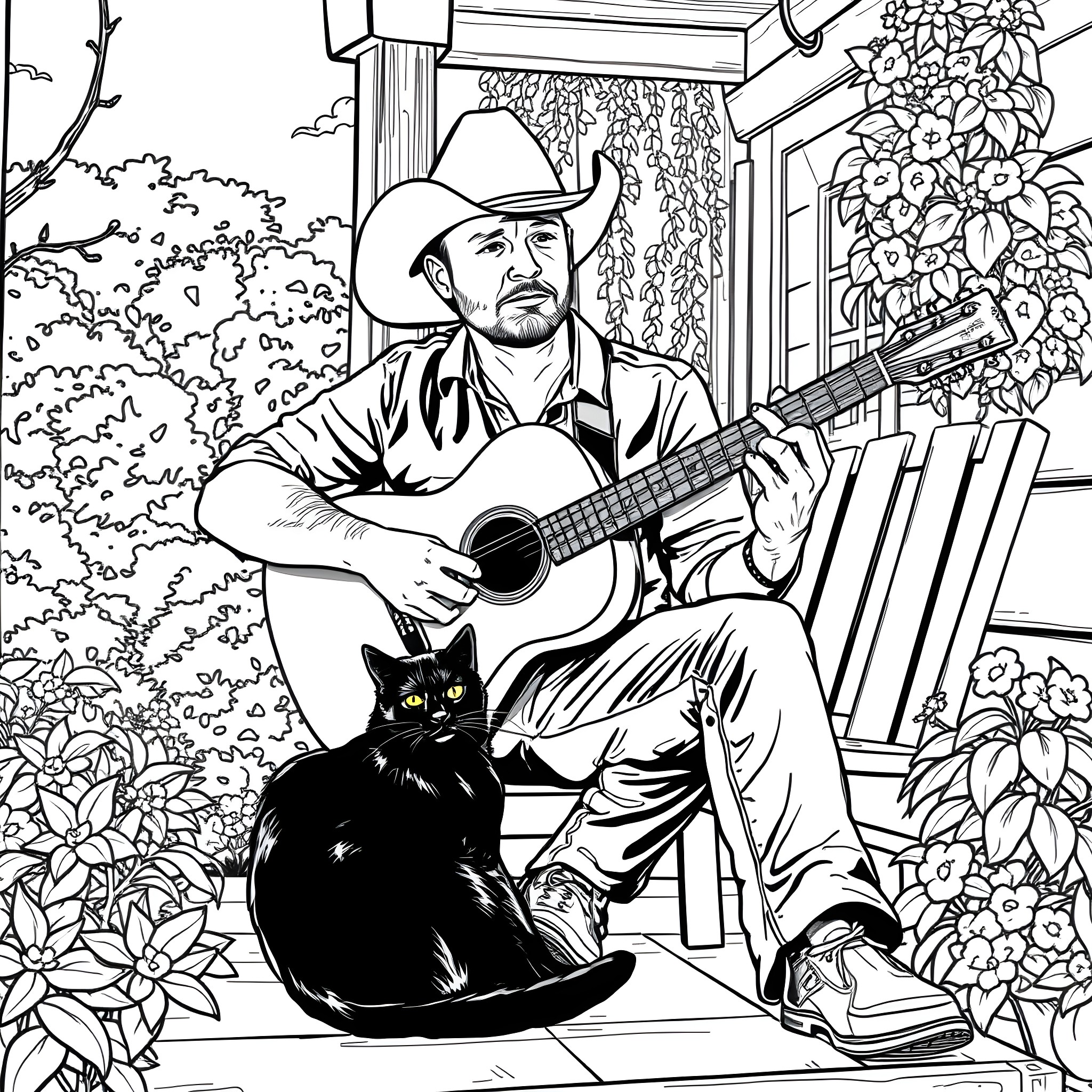 Cat Musician Plays Guitar on Front Porch Coloring Page (free black-and-white line drawing printable PDF for all, from beginners to advanced learners, including children, teens, adults, and seniors)