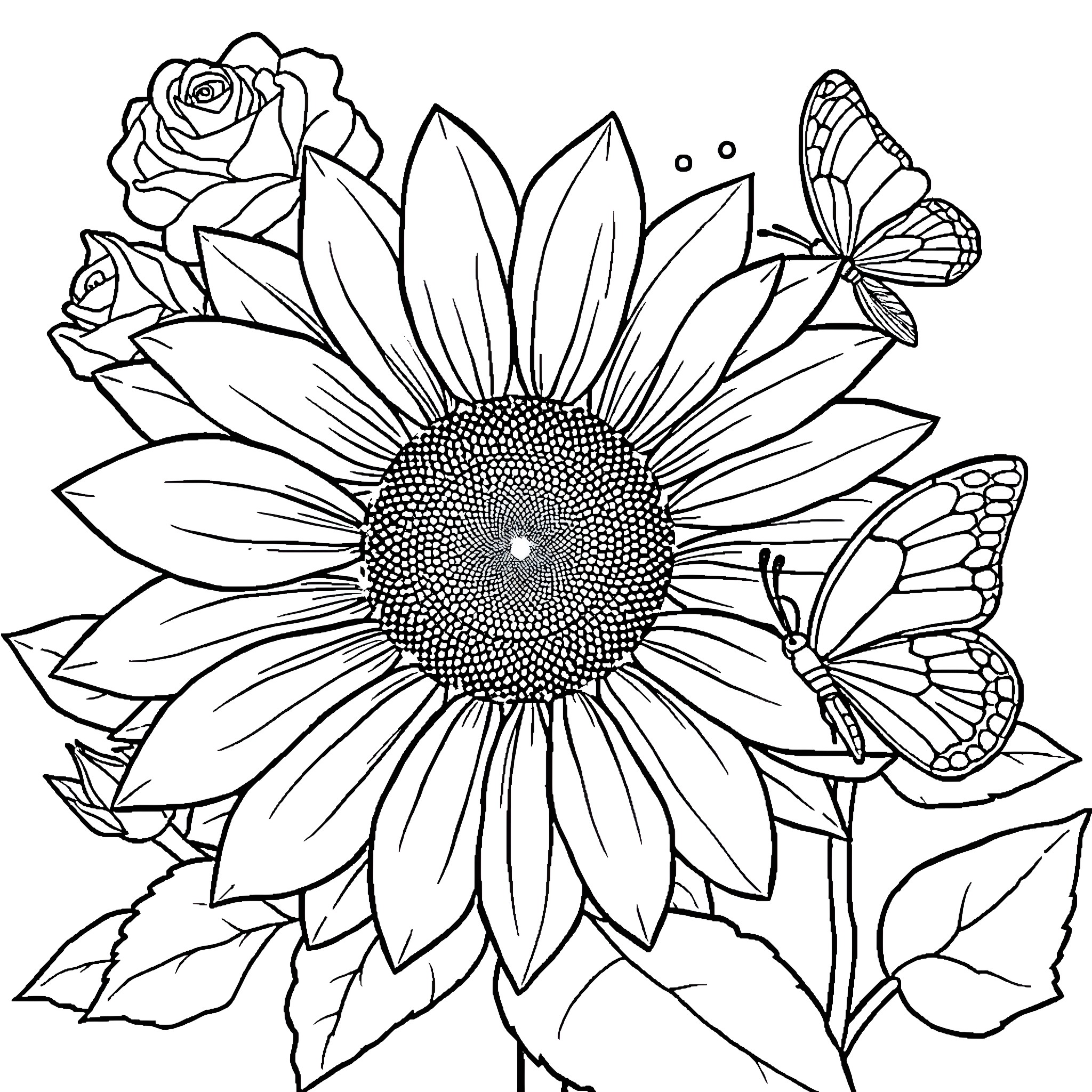 Sunflower garden with butterflies and roses Coloring Page (free black-and-white line drawing printable PDF for all, from beginners to advanced learners, including children, teens, adults, and seniors)