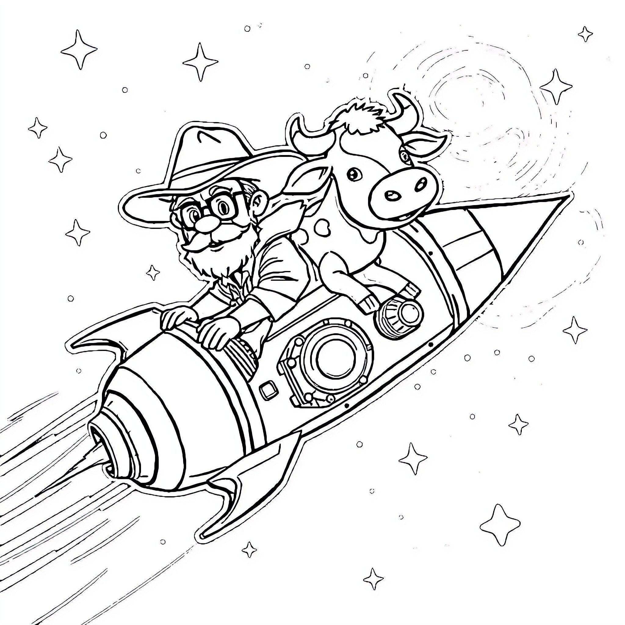 Adventurer riding a rocket with a cow companion Coloring Page (free black-and-white line drawing printable PDF for all, from beginners to advanced learners, including children, teens, adults, and seniors)