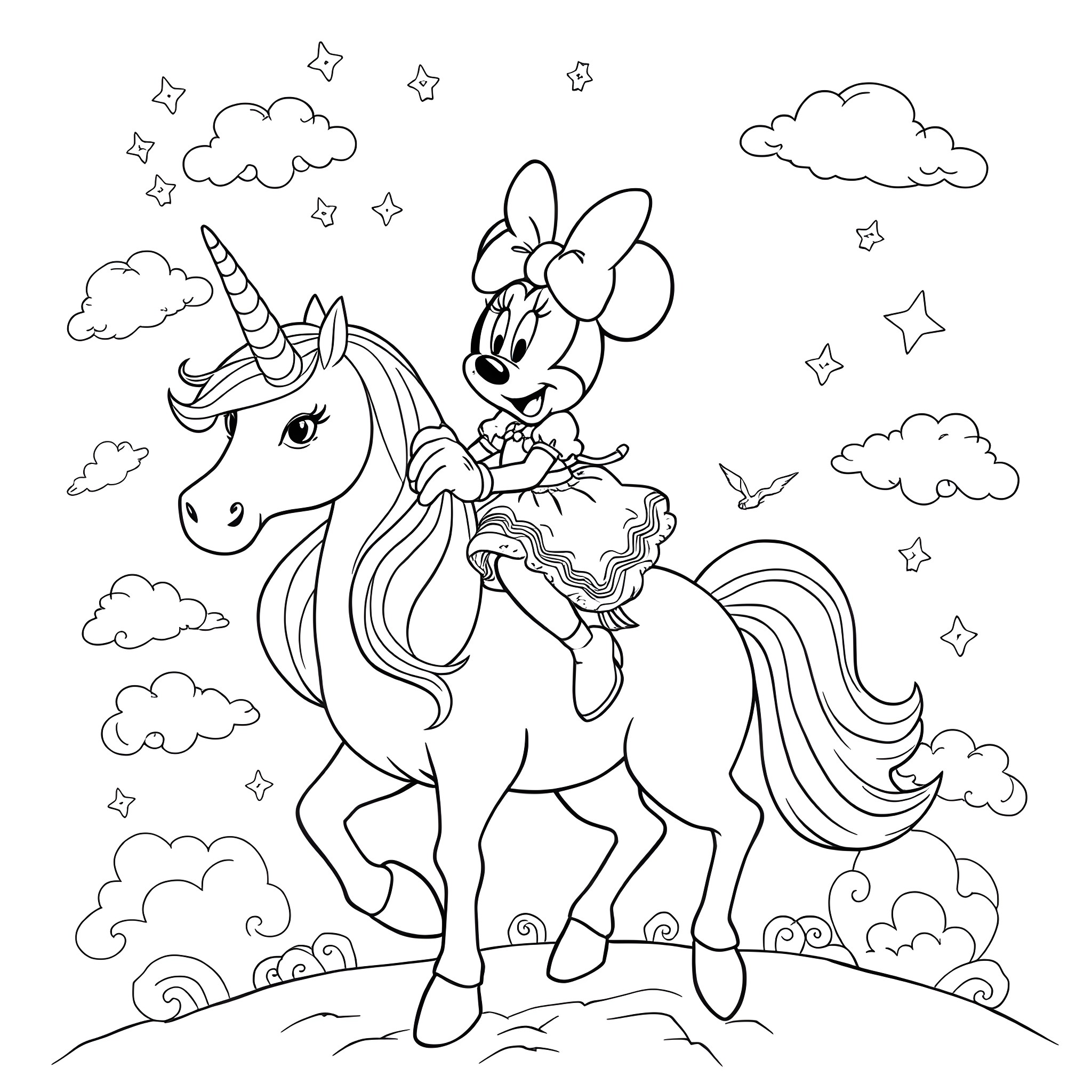 Minnie Mouse riding a magical unicorn in the clouds Coloring Page (free black-and-white line drawing printable PDF for all, from beginners to advanced learners, including children, teens, adults, and seniors)