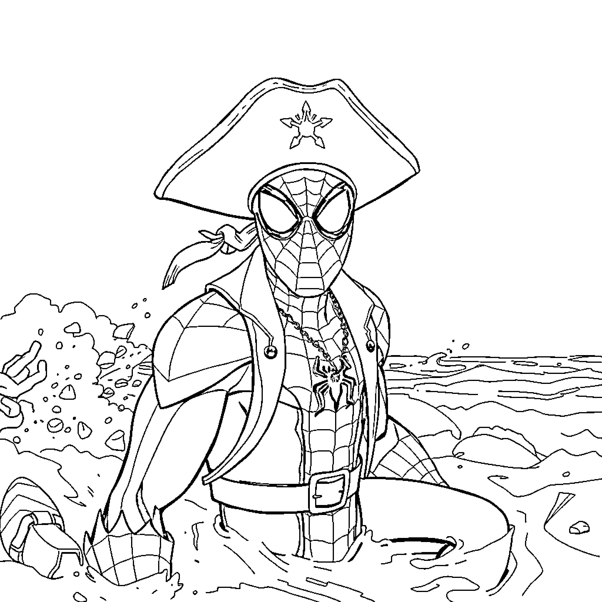 Spiderman the Pirate Adventurer on the High Seas Coloring Page (free black-and-white line drawing printable PDF for all, from beginners to advanced learners, including children, teens, adults, and seniors)